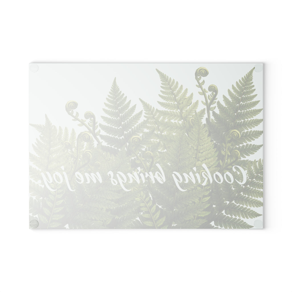 Glass Cutting Board - Fern Design "Cooking brings me joy" Kitchen Decor, Nature-Inspired Gift