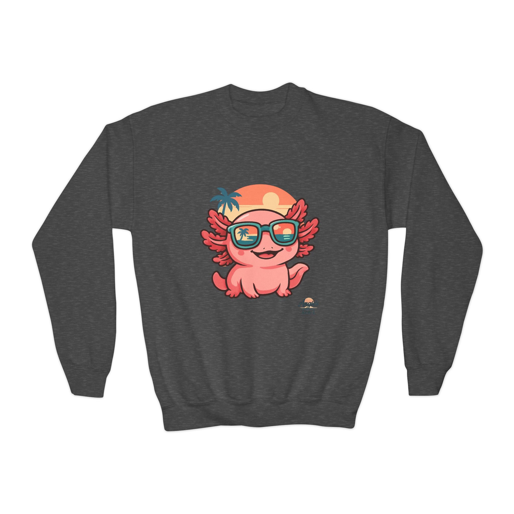 Axolotl Crewneck Sweatshirt — Cute Pink Axolotl with Sunglasses & Sunset