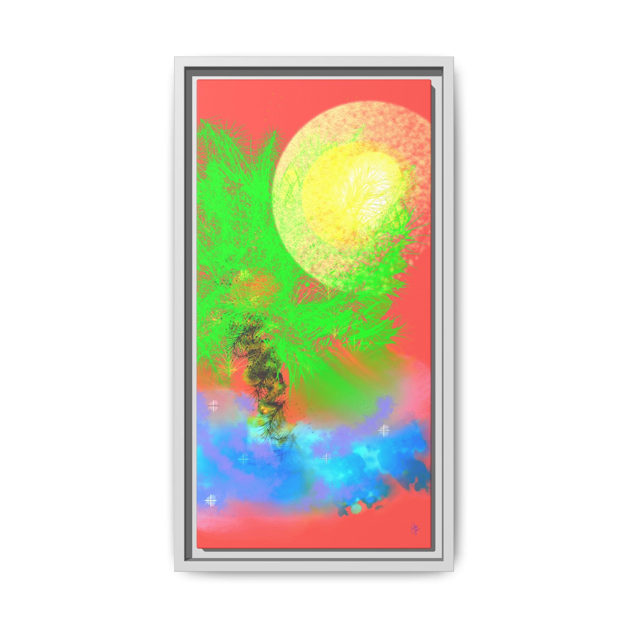 Abstract Neon Tree Matte Canvas Framed Art — Vibrant Green Moon Landscape