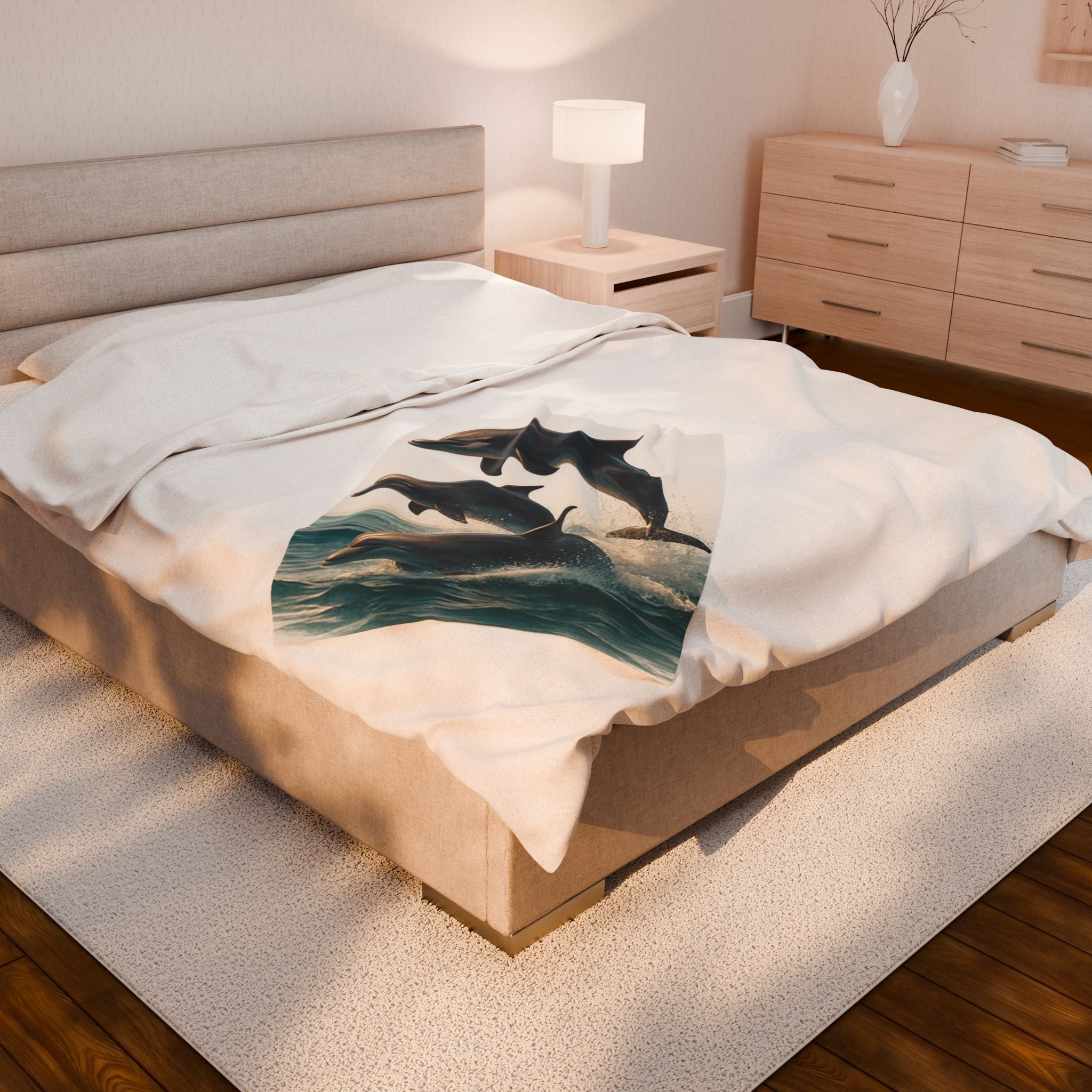 Dolphin Velveteen Plush Blanket — Soft Ocean Jumping Dolphins Throw