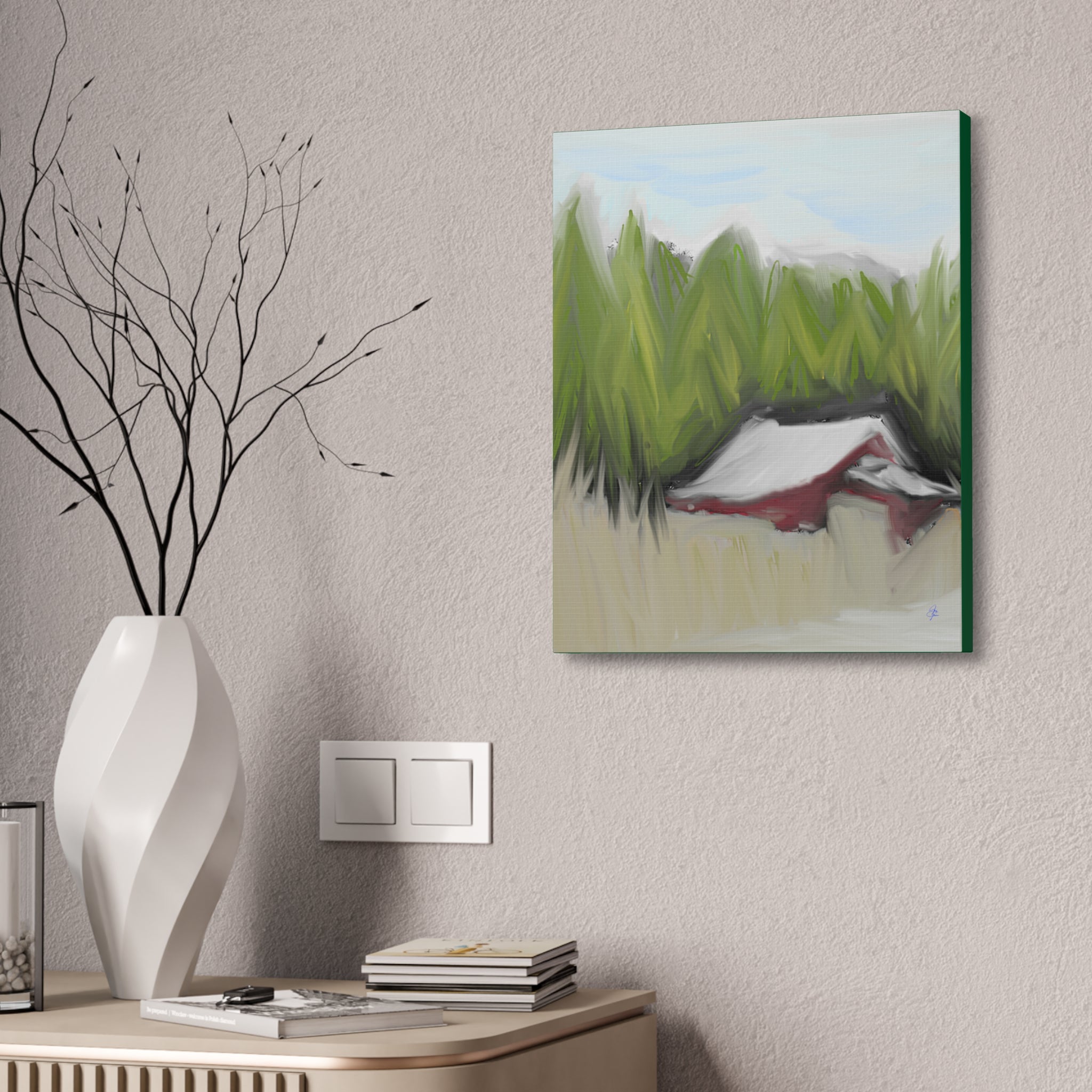 Canvas Wall Art - Red Barn in Green Field Stretched Canvas (1.5")