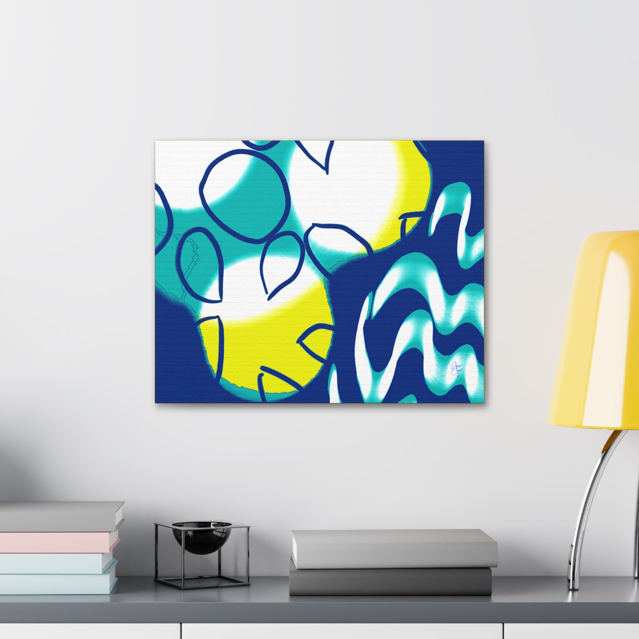 Abstract Ocean Waves Jellyfish Canvas Art — Blue & Teal Modern Wall Decor, Stretched 1.5"