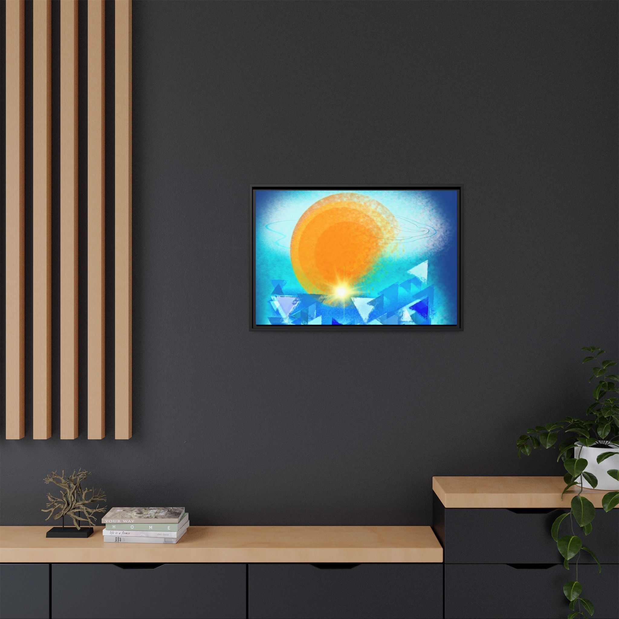 Abstract Sunrise Framed Canvas Art – Orange Sun Over Blue Geometric Waves
