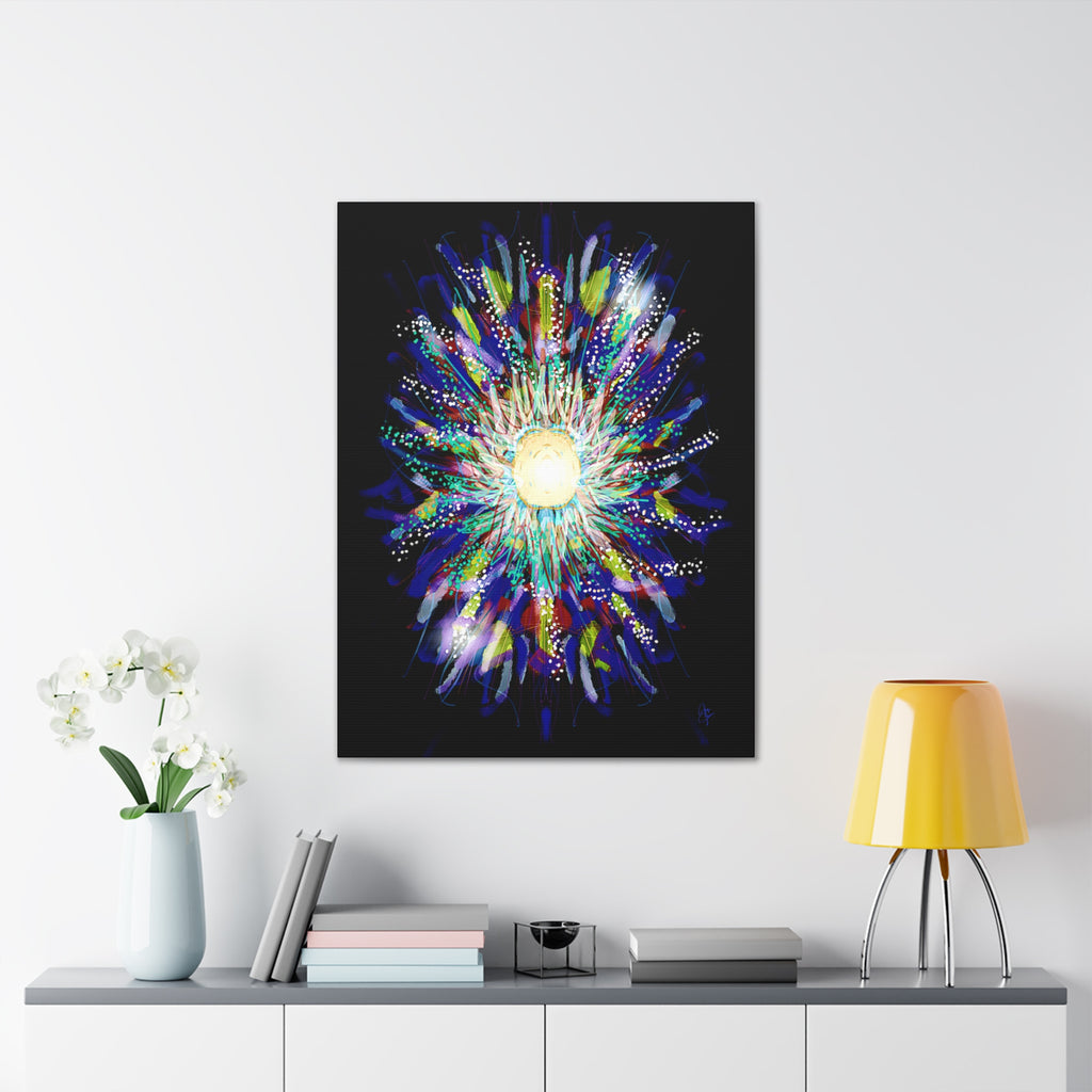 Abstract Cosmic Burst Canvas Wall Art — Colorful Sunflower Explosion on Black