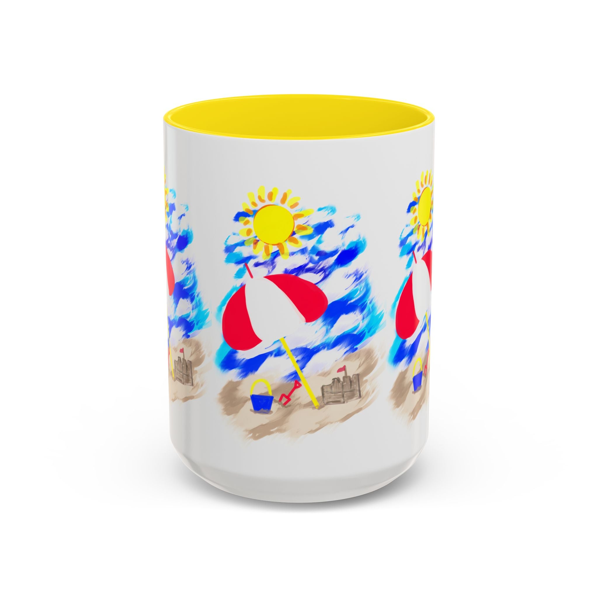 Beach Scene Coffee Mug – Summer Umbrella, Sun & Sandcastle Accent Mug
