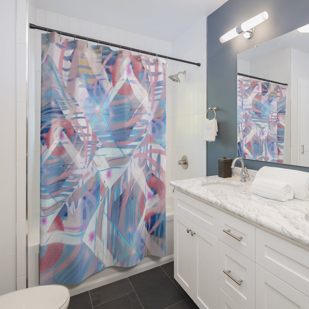 Abstract Pastel Waves Shower Curtain — Iridescent Geometric Bathroom Decor
