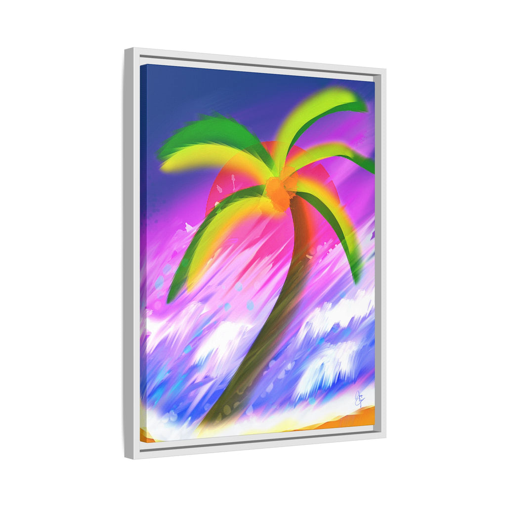 Framed Matte Canvas Print — Neon Palm Beach Art