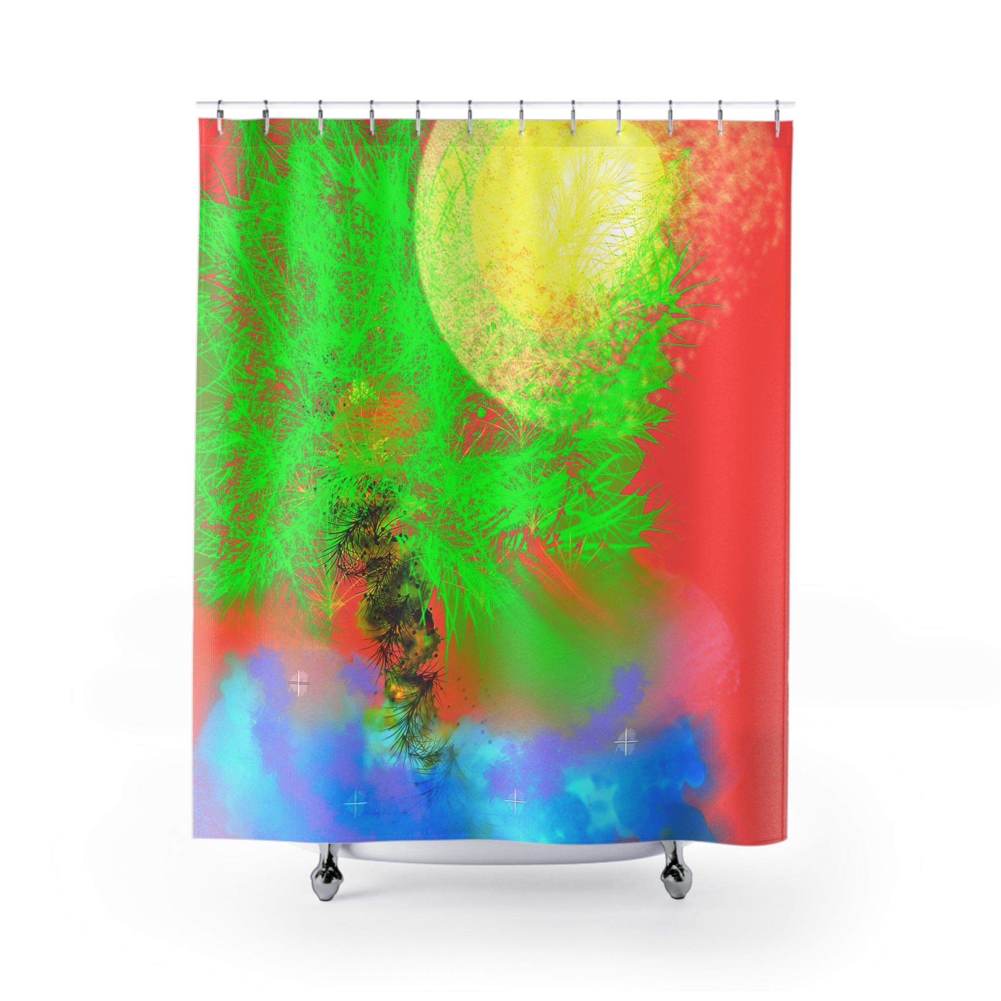 Tropical Sunrise Shower Curtain — Vibrant Green Palm & Sun Bathroom Decor