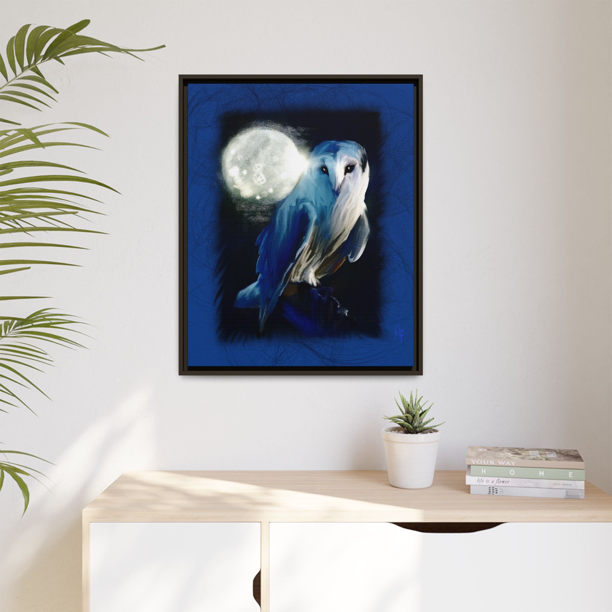 Moonlight Owl Matte Framed Canvas — Mystical Blue Owl Wall Art