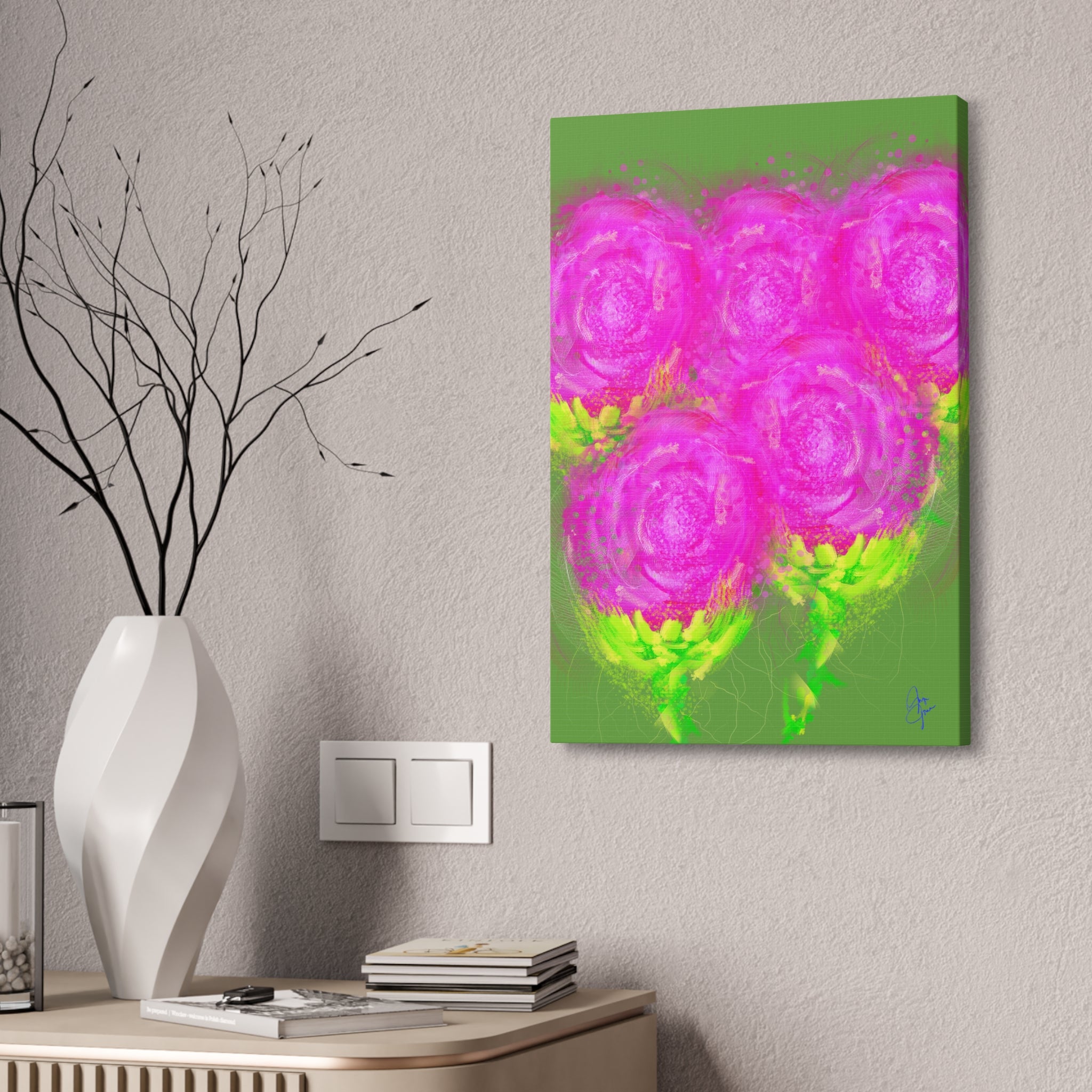 Bright Pink Floral Canvas Print — Modern Abstract Rose Wall Art (Stretched Canvas)