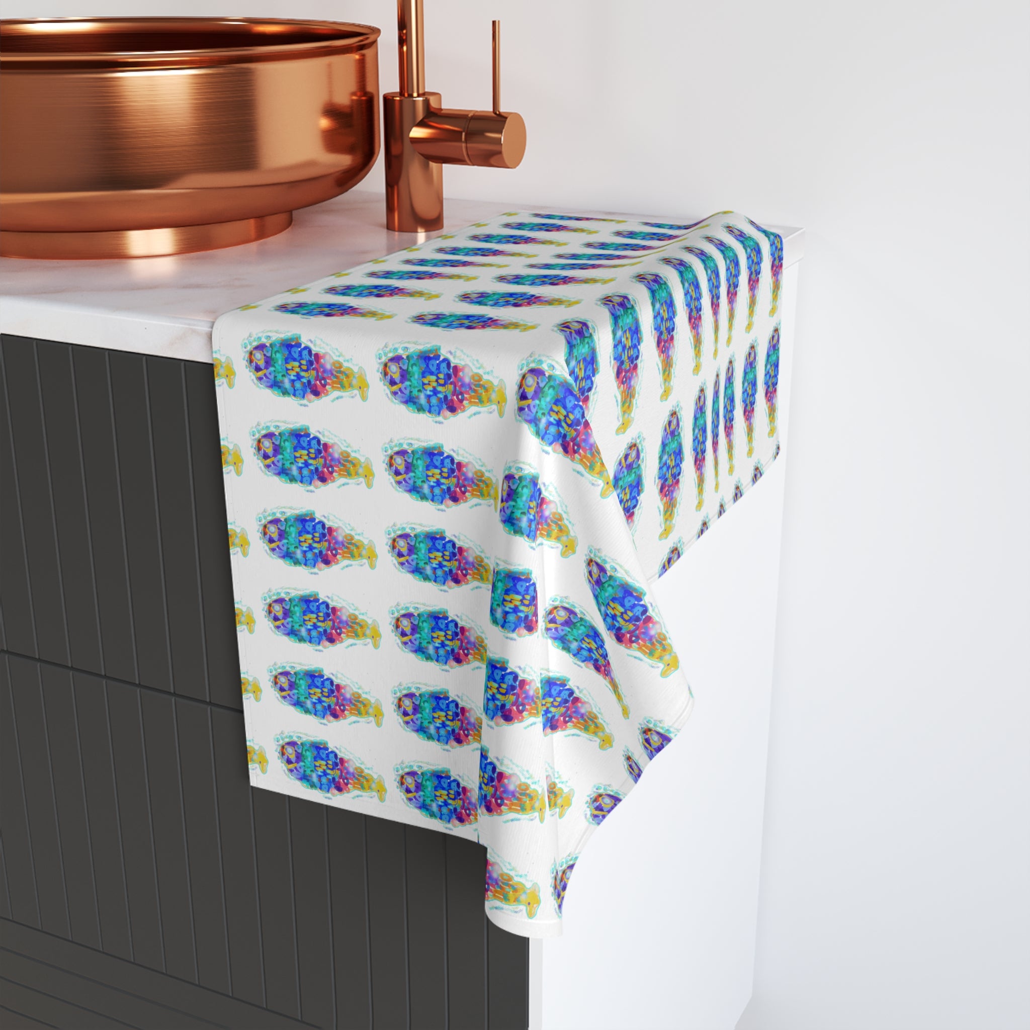 Colorful Fish Pattern Hand Towel — Tropical Kitchen & Beach House Decor