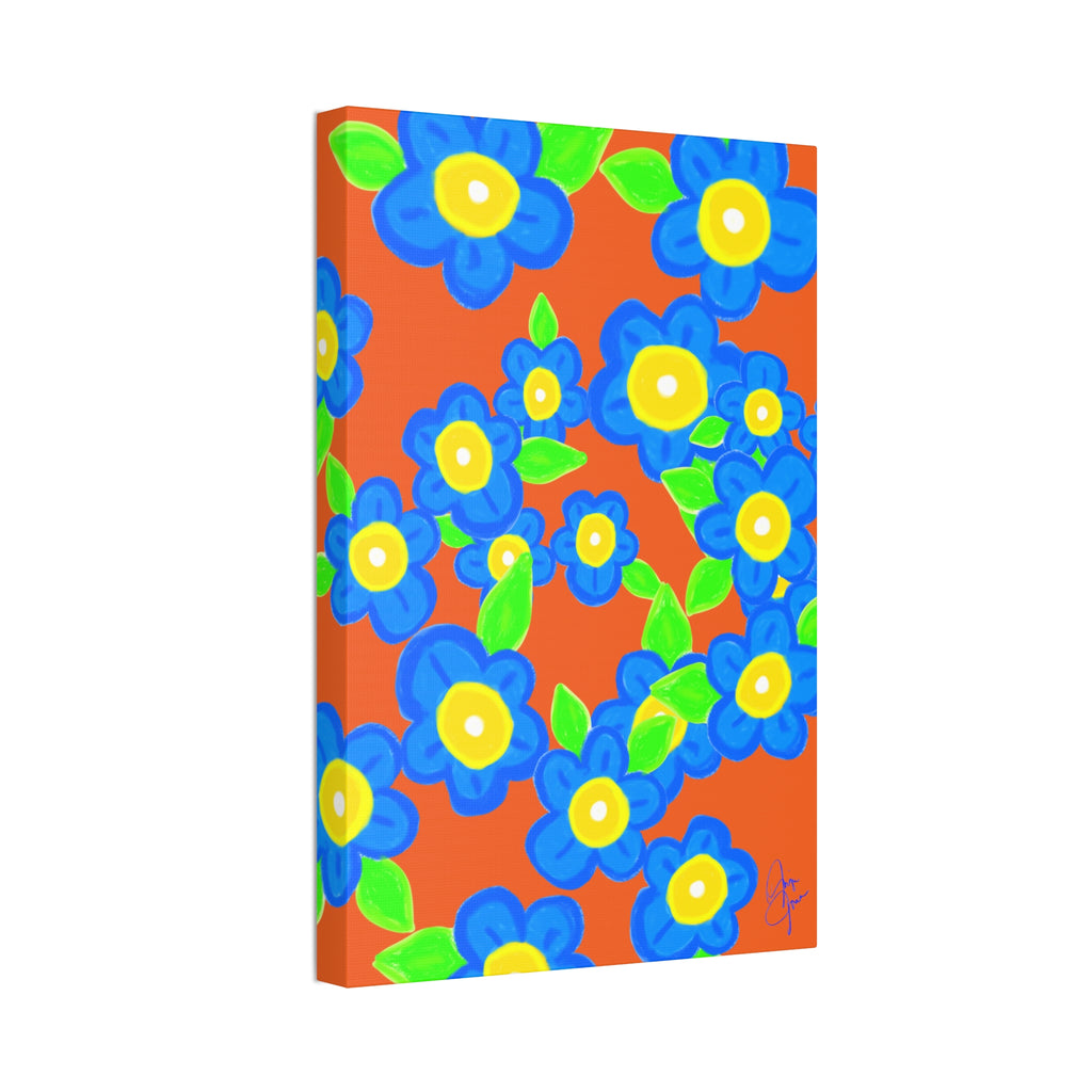 Blue Floral Canvas Wall Art — Bright Hand-Drawn Flowers on Mustard Background