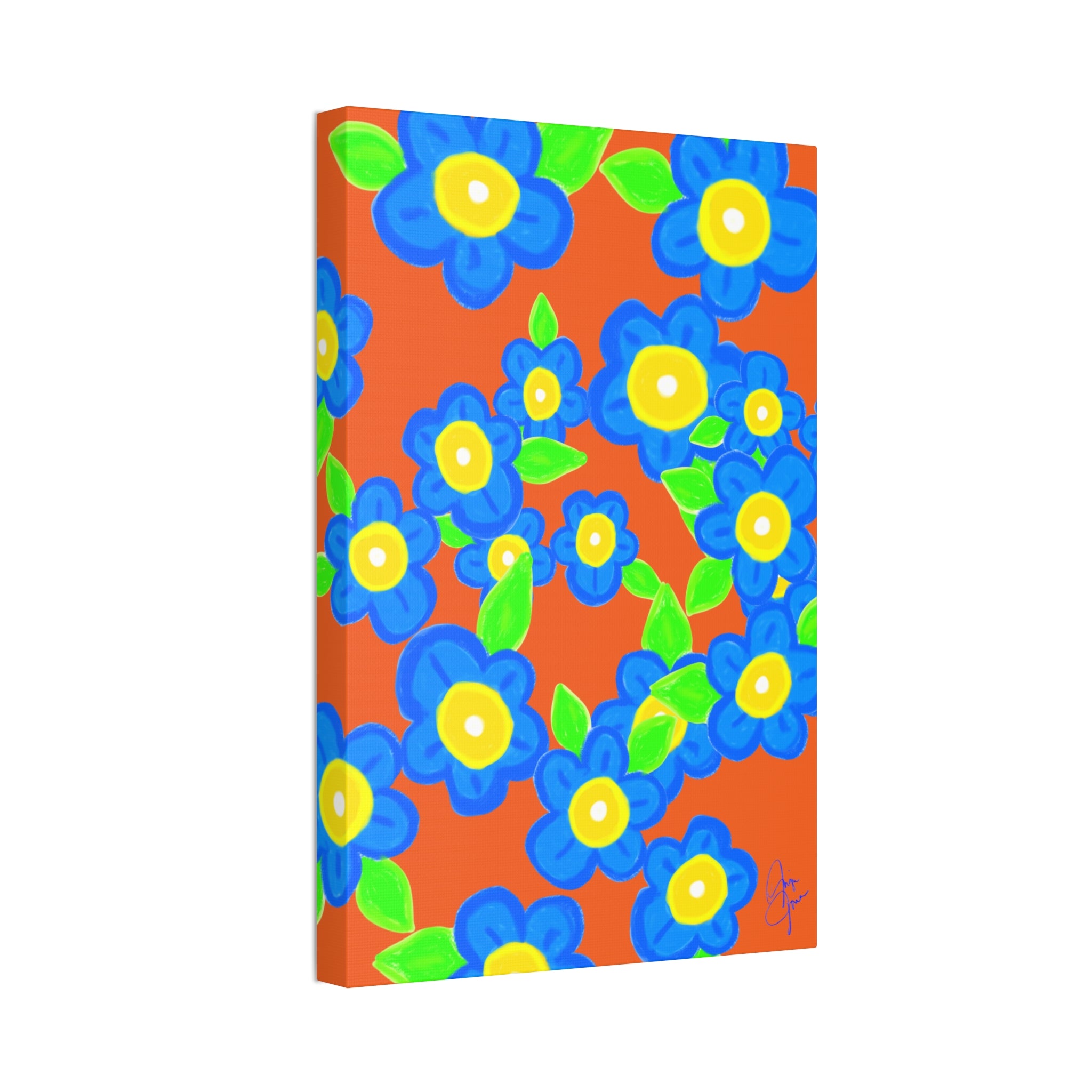 Blue Floral Canvas Wall Art — Bright Hand-Drawn Flowers on Mustard Background