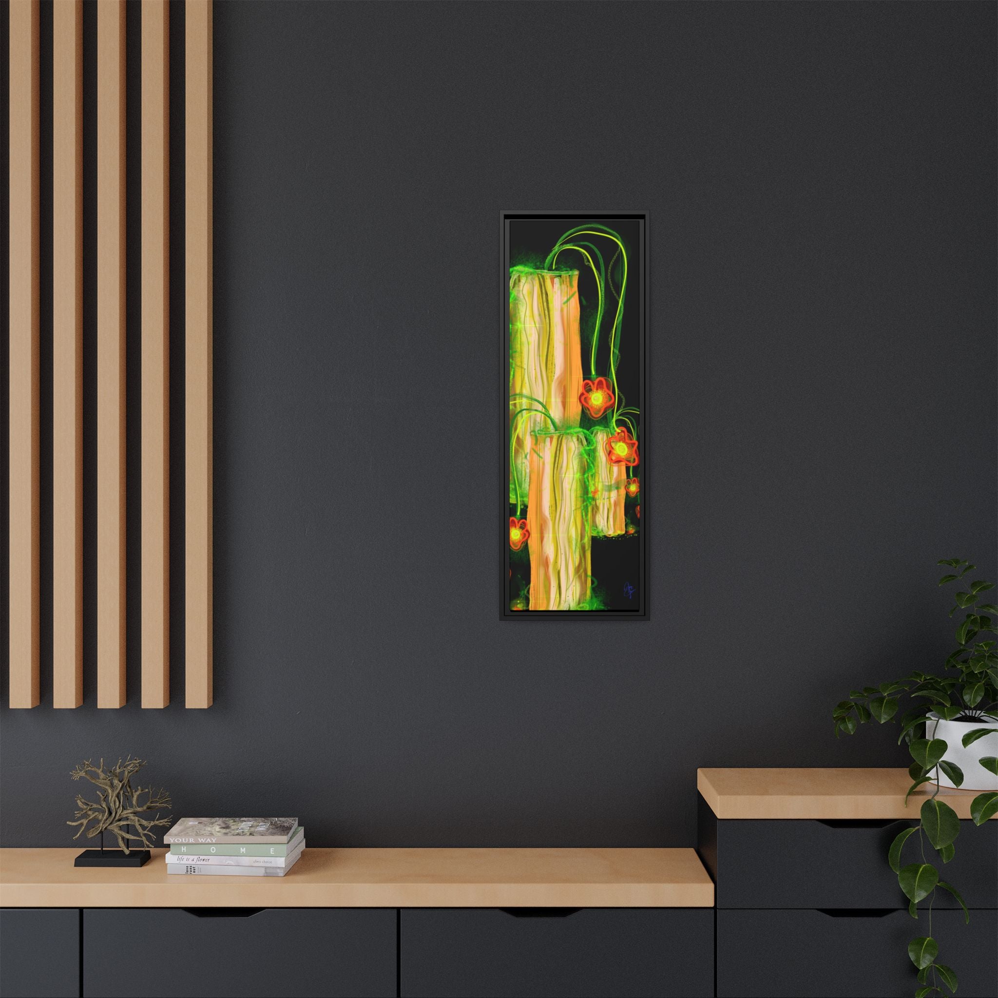 Framed Matte Canvas Print — Neon Floral Candlelight Art