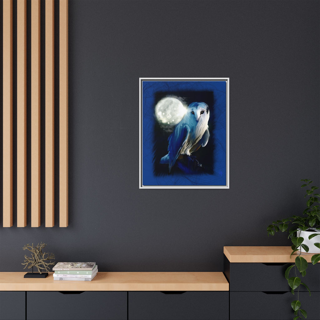 Moonlight Owl Matte Framed Canvas — Mystical Blue Owl Wall Art