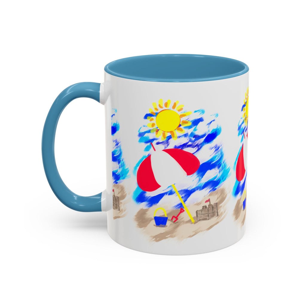 Beach Scene Coffee Mug – Summer Umbrella, Sun & Sandcastle Accent Mug