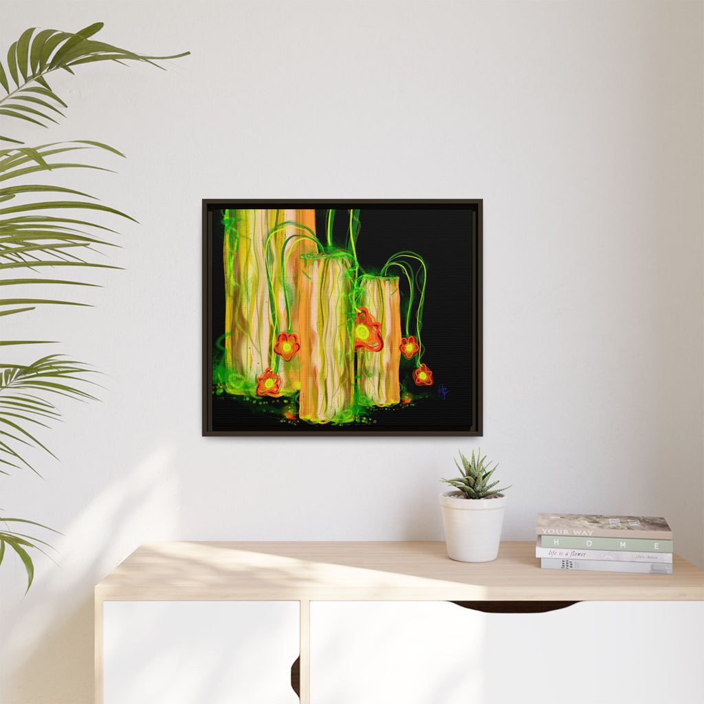 Framed Matte Canvas Print — Neon Floral Candlelight Art