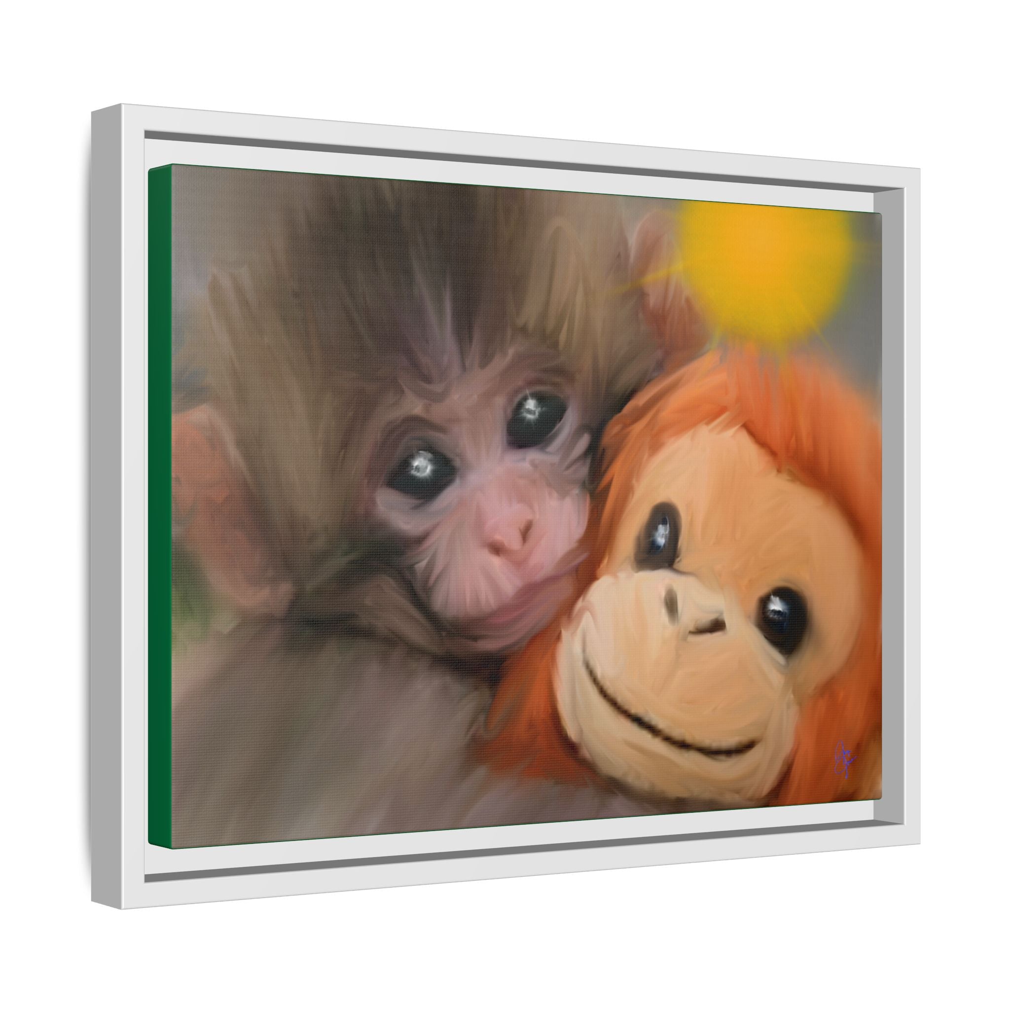 Framed Matte Canvas Print — Baby Monkey & Plush Orangutan Wall Art