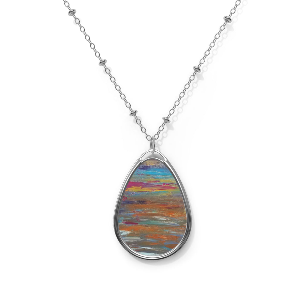Silver Oval Pendant Necklace with Abstract Sunset Art