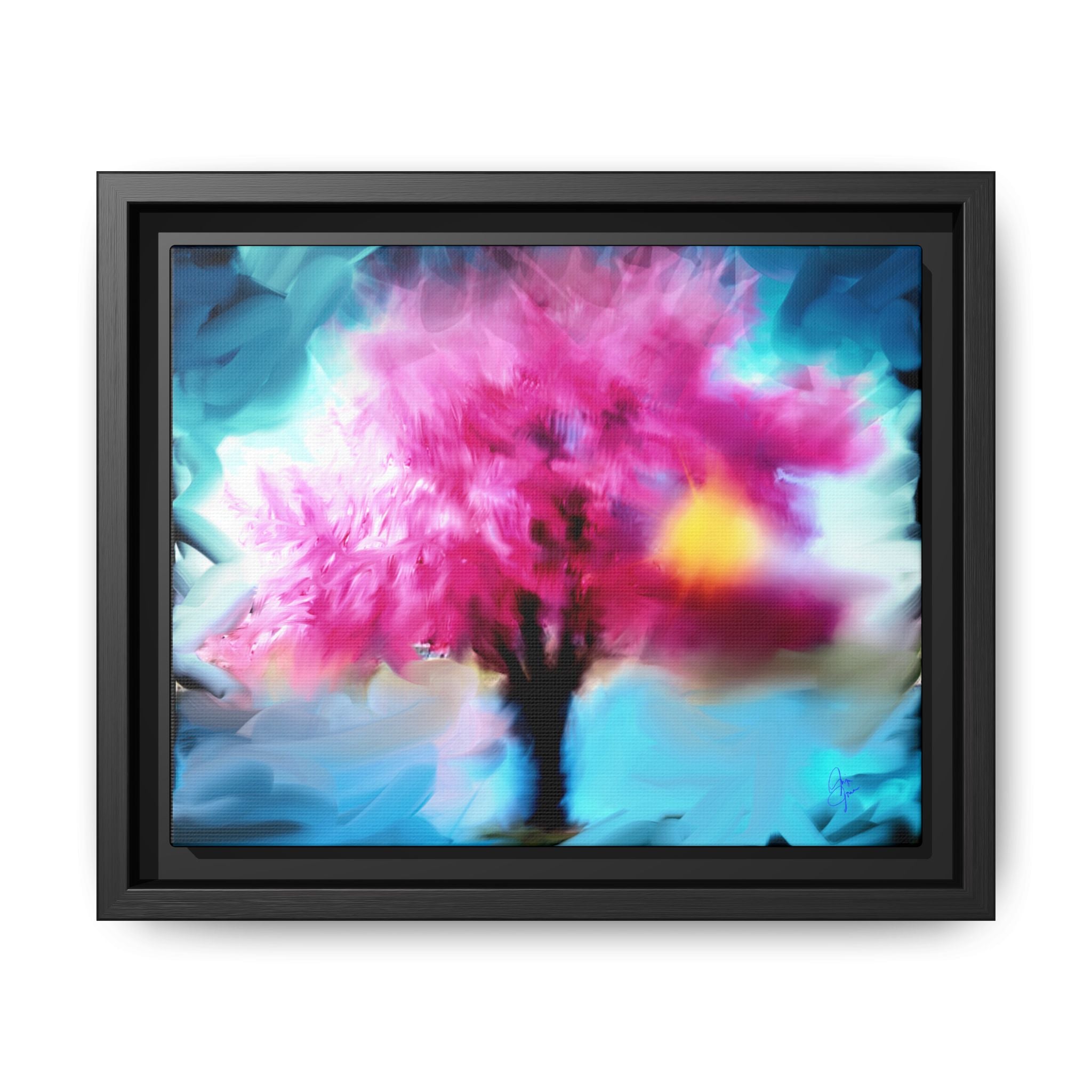 Framed Abstract Blossom Canvas — Vertical Pink & Blue Wall Art