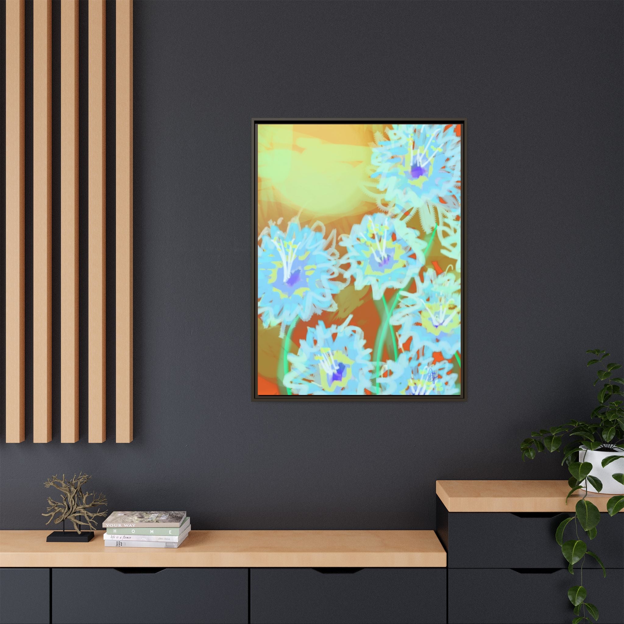 Framed Floral Canvas Art — Blue & Yellow Abstract Bouquet (Matte)