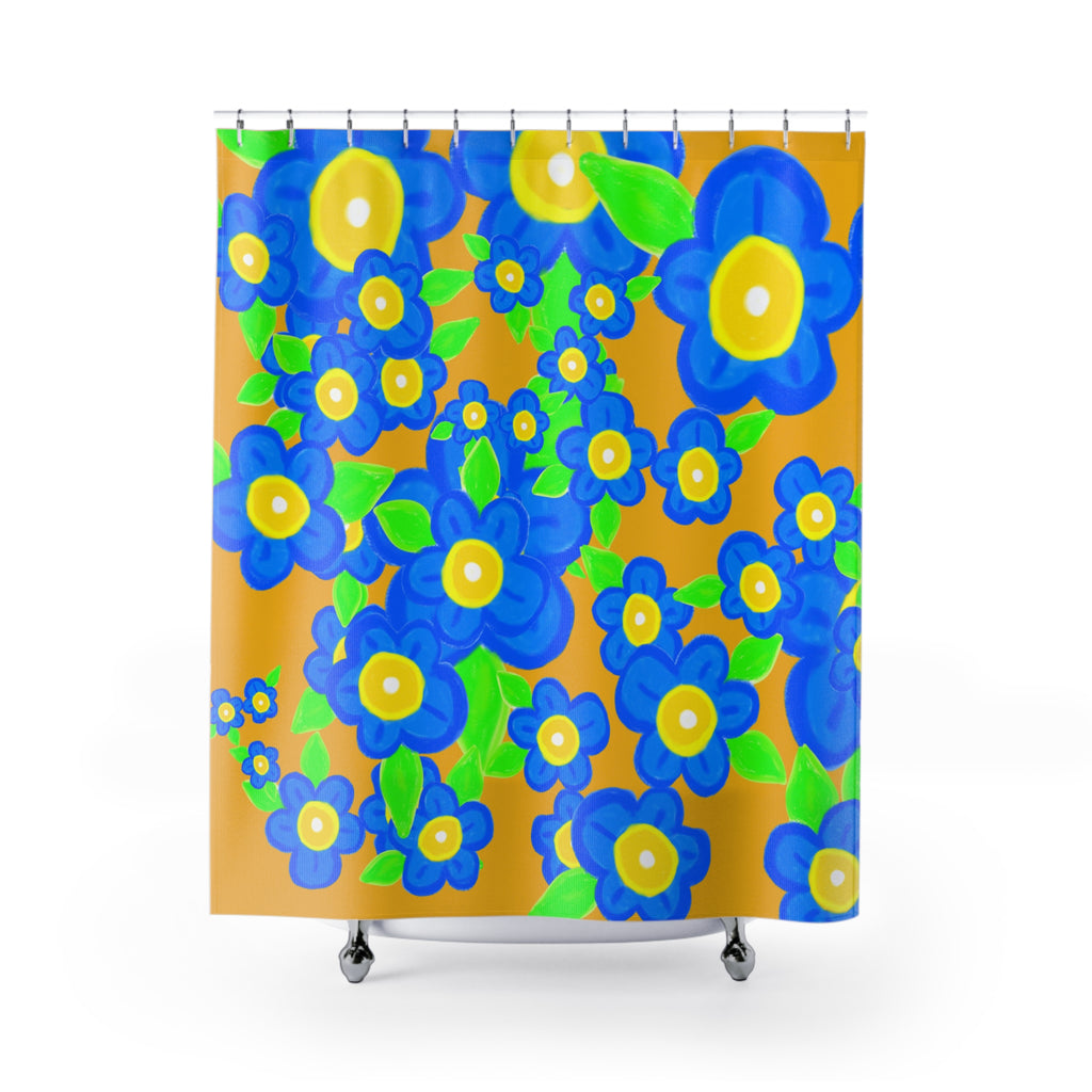 Blue Floral Shower Curtain — Bold Retro Flowers on Mustard Background