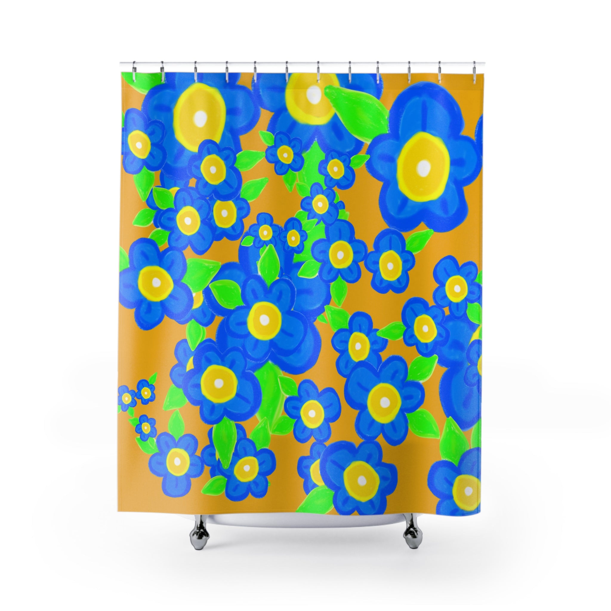 Blue Floral Shower Curtain — Bold Retro Flowers on Mustard Background