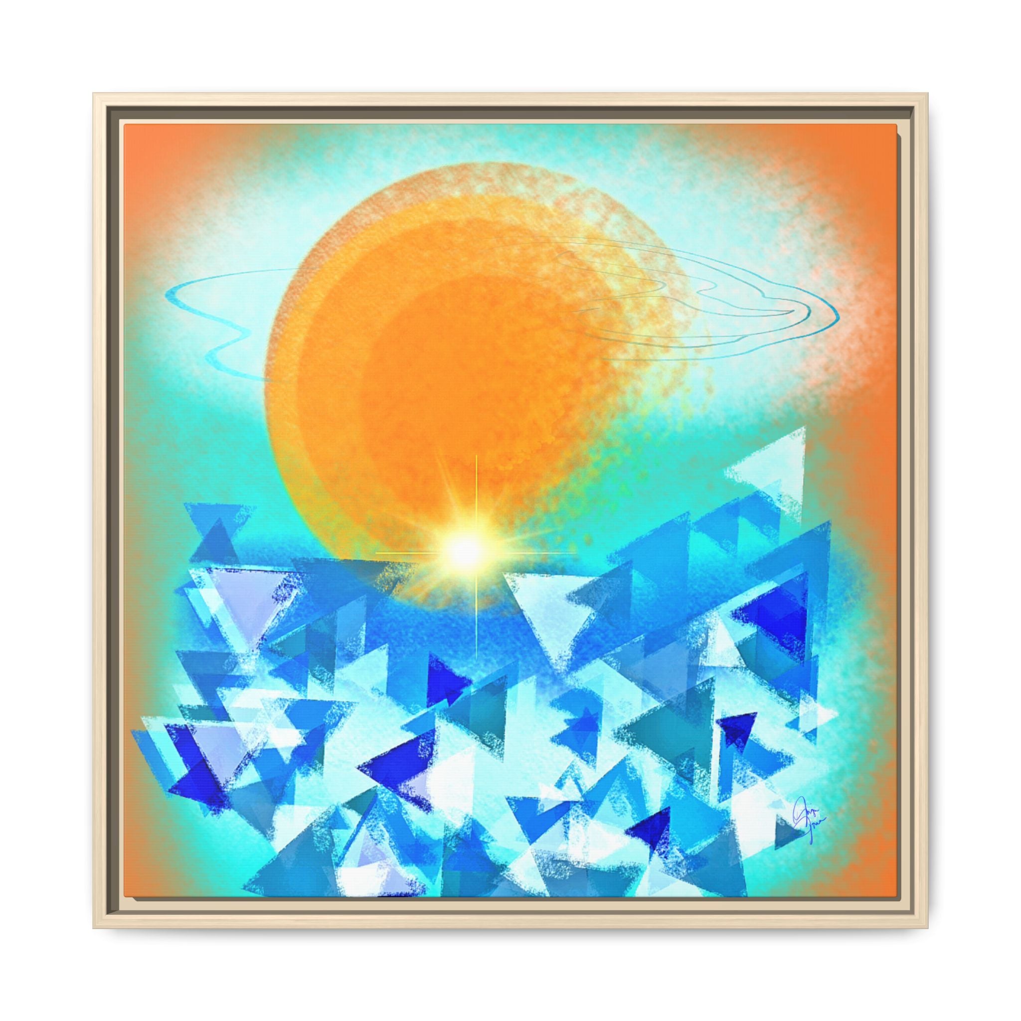 Abstract Sunrise Framed Canvas Art – Orange Sun Over Blue Geometric Waves