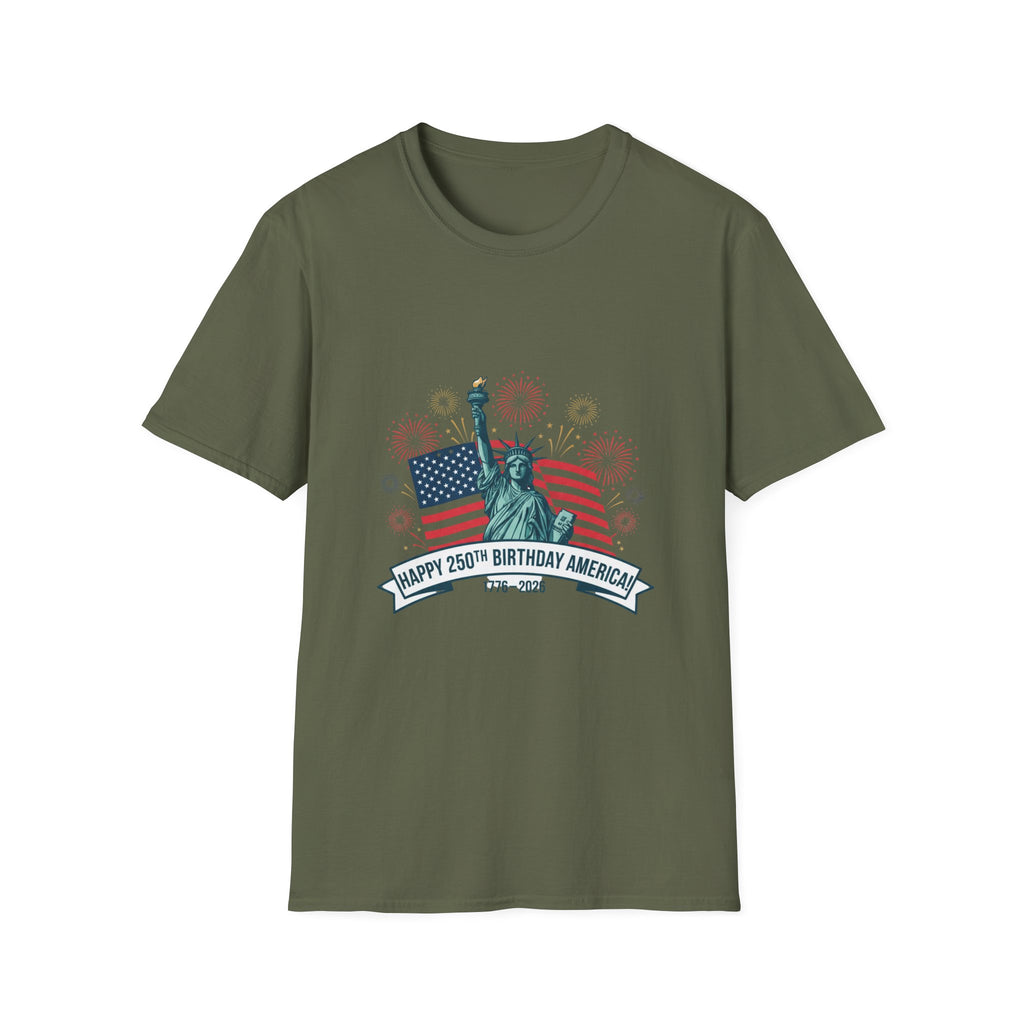 T-Shirt — "Happy 250th Birthday America" Statue of Liberty & Flag Patriotic Tee
