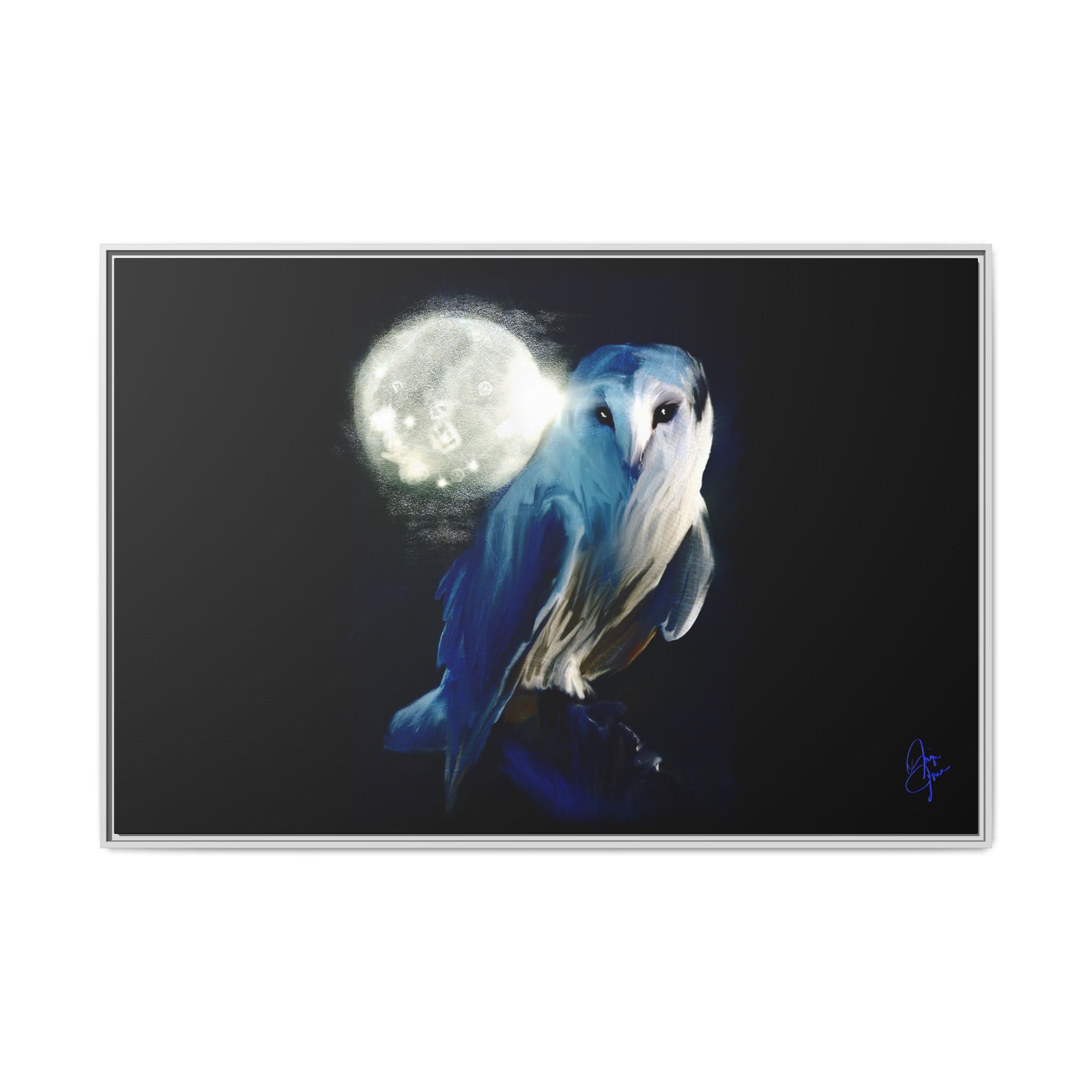 Moonlight Owl Matte Framed Canvas — Mystical Blue Owl Wall Art
