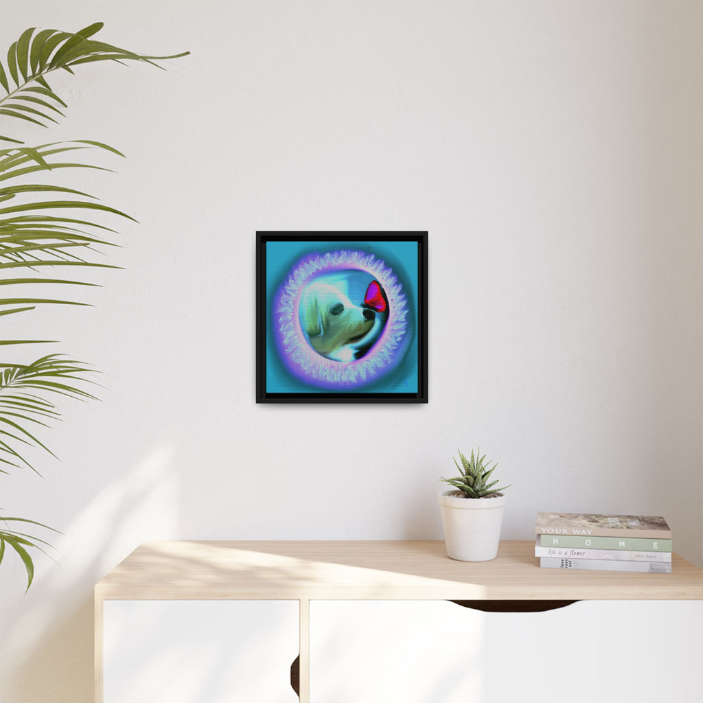 Framed Matte Canvas - Puppy with Butterfly Pop Art