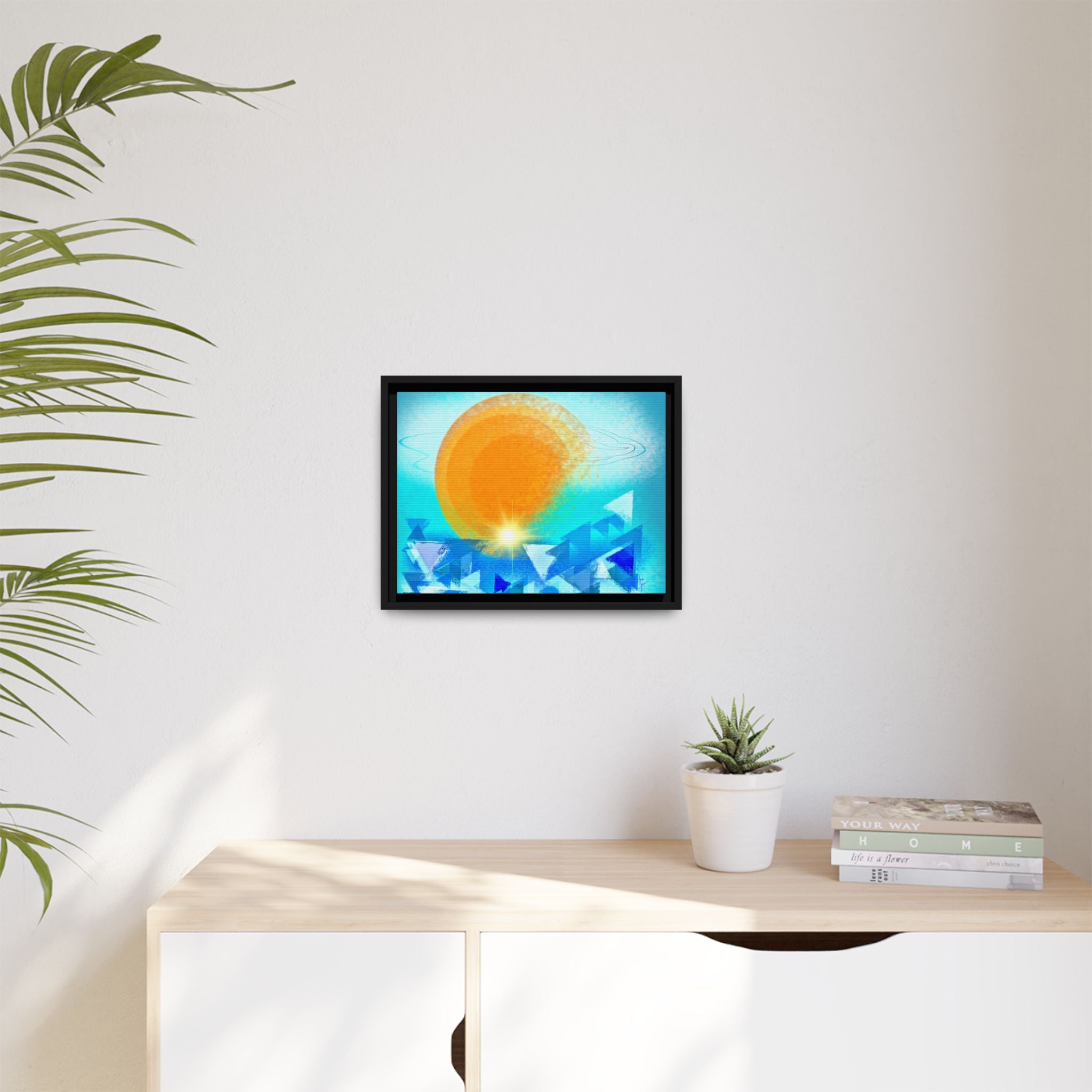Abstract Sunrise Framed Canvas Art – Orange Sun Over Blue Geometric Waves