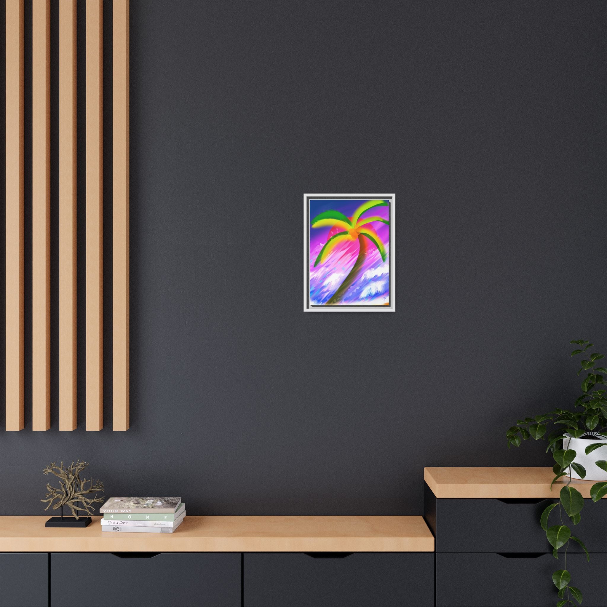 Framed Matte Canvas Print — Neon Palm Beach Art