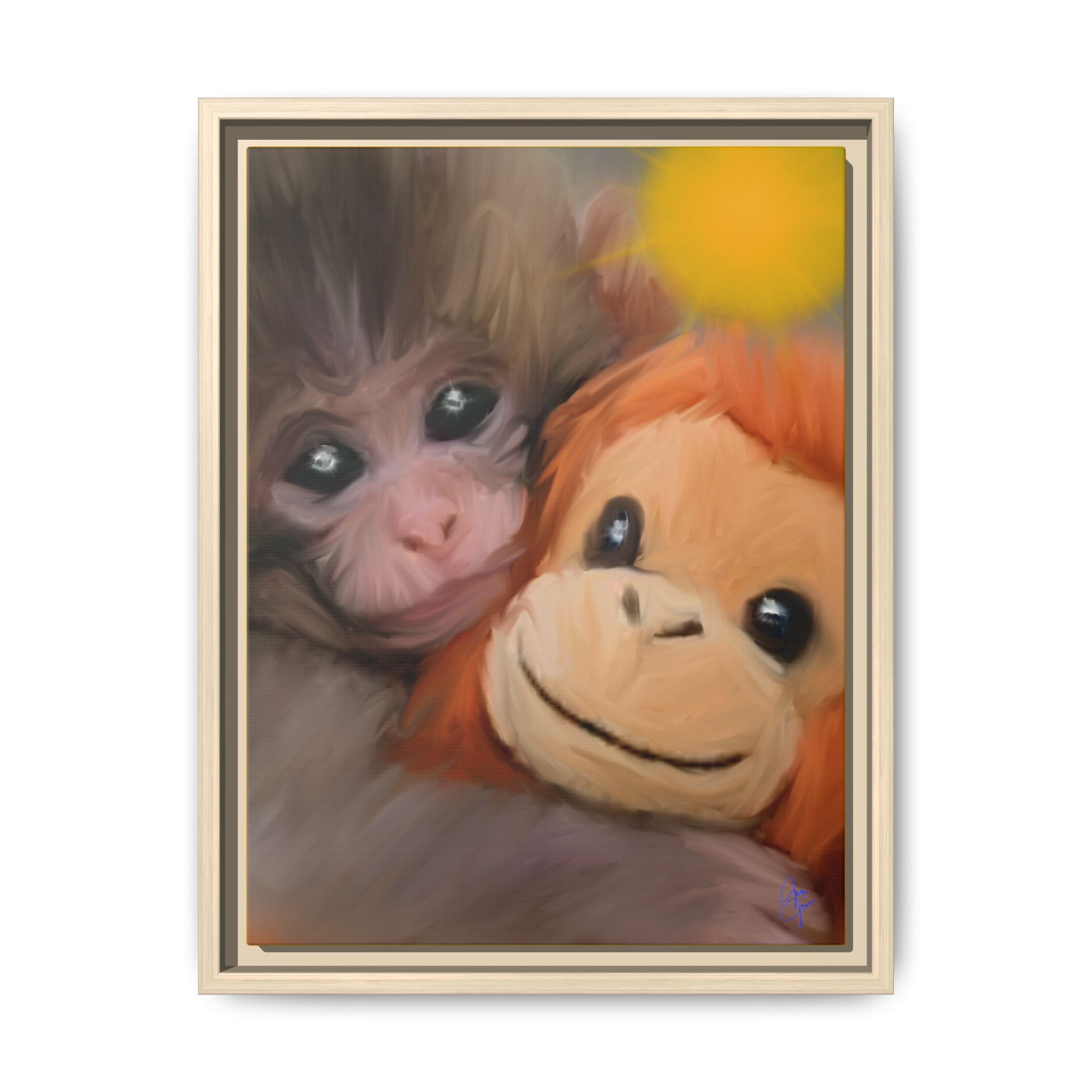 Framed Matte Canvas Print — Baby Monkey & Plush Orangutan Wall Art
