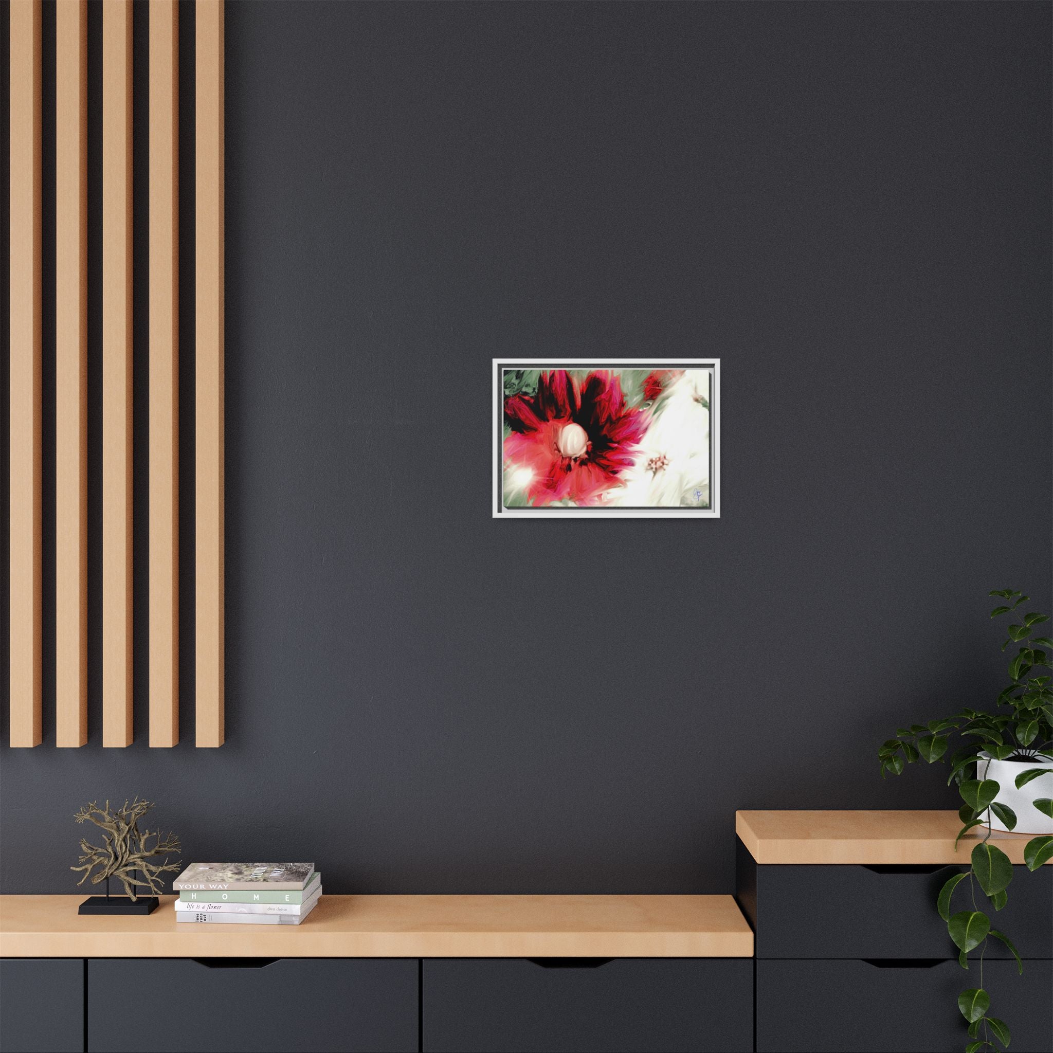Framed Matte Canvas Print — Blurred Red & White Floral Art