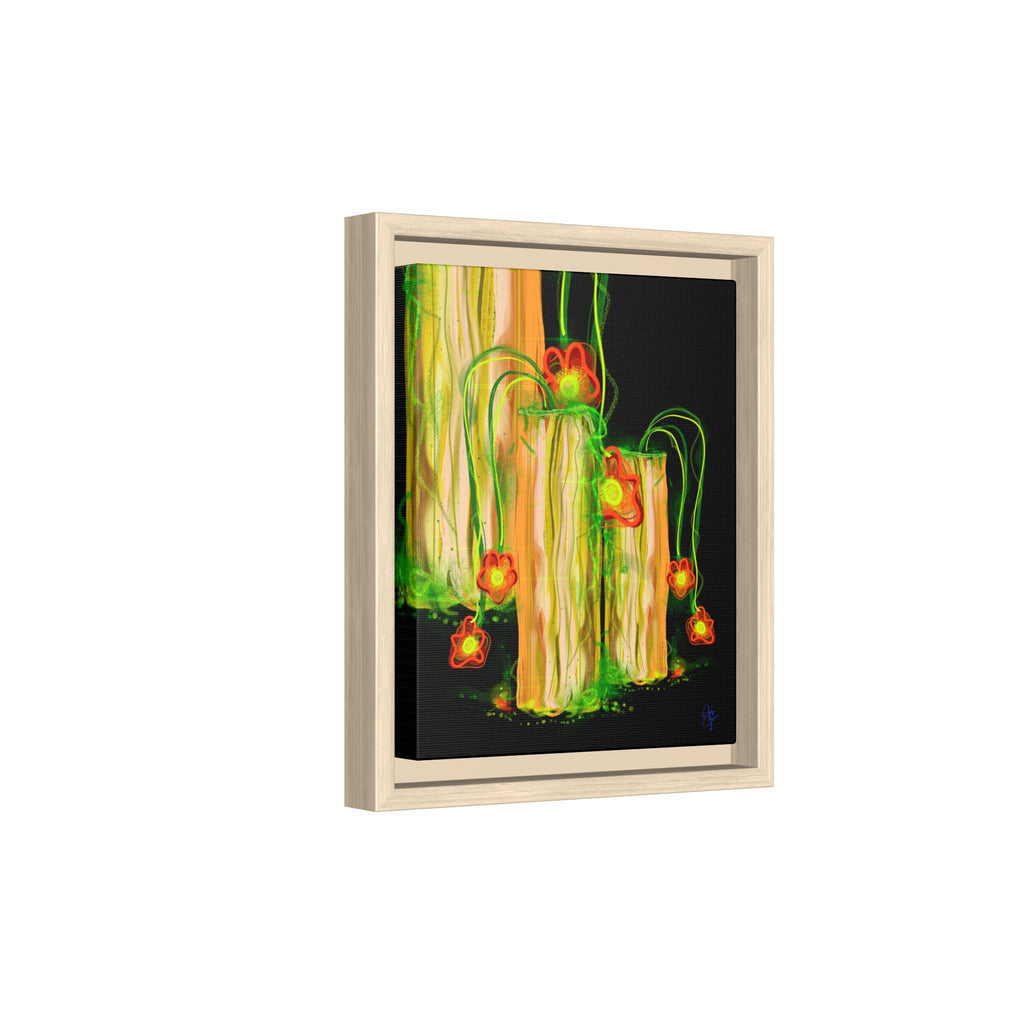 Framed Matte Canvas Print — Neon Floral Candlelight Art