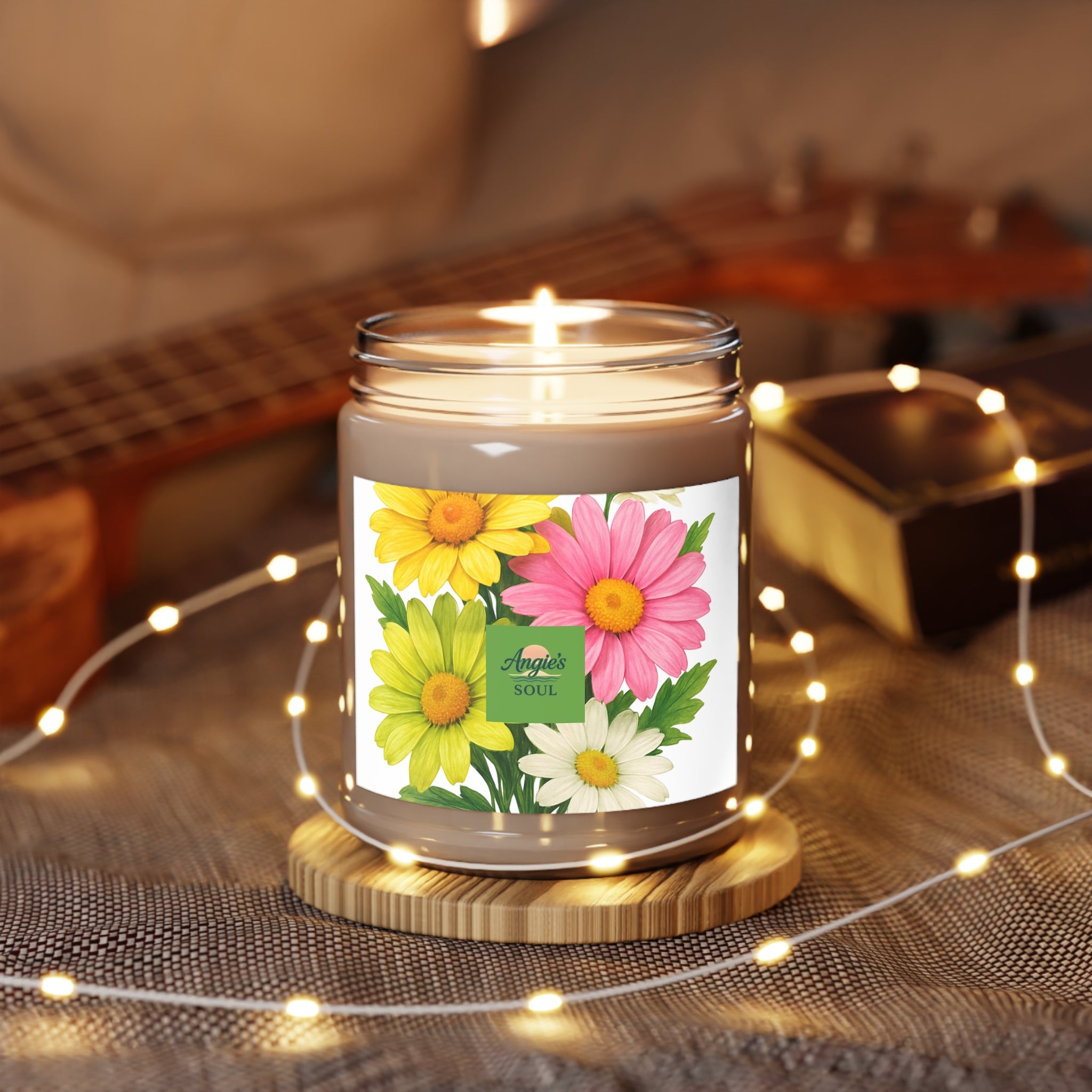 Floral Soy Candle 9oz — Scented Jar Candle with Pink & Yellow Daisy Design