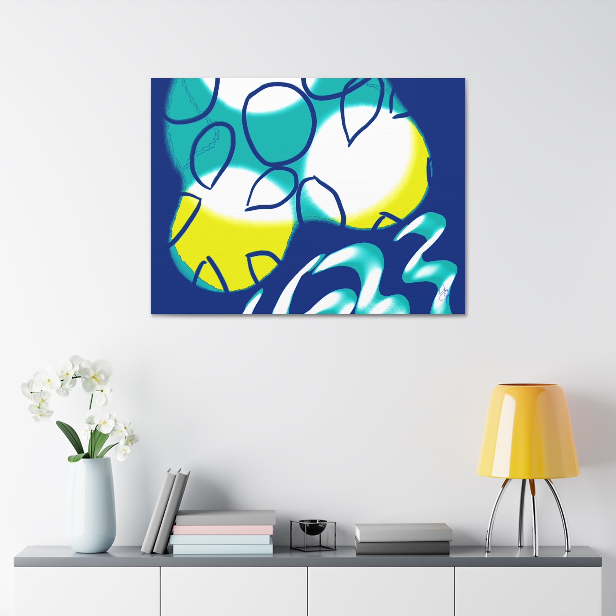 Abstract Ocean Waves Jellyfish Canvas Art — Blue & Teal Modern Wall Decor, Stretched 1.5"