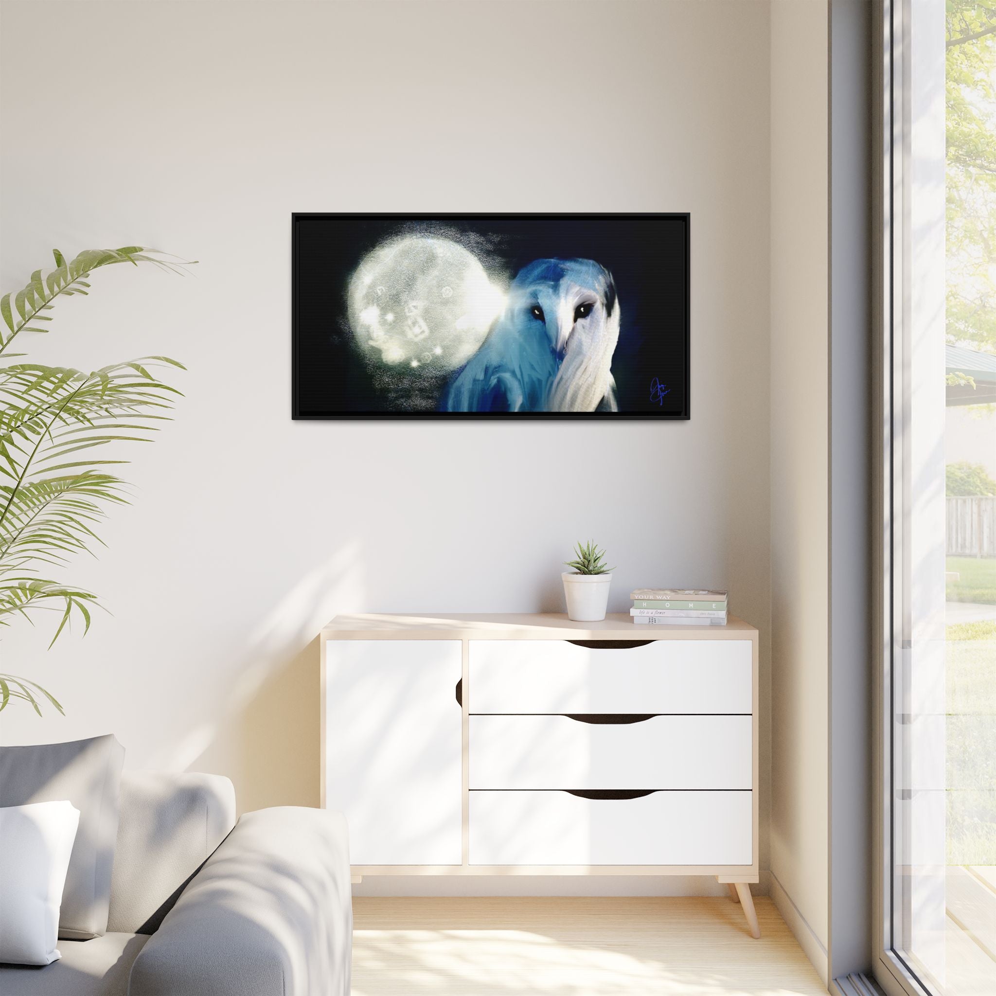 Moonlight Owl Matte Framed Canvas — Mystical Blue Owl Wall Art