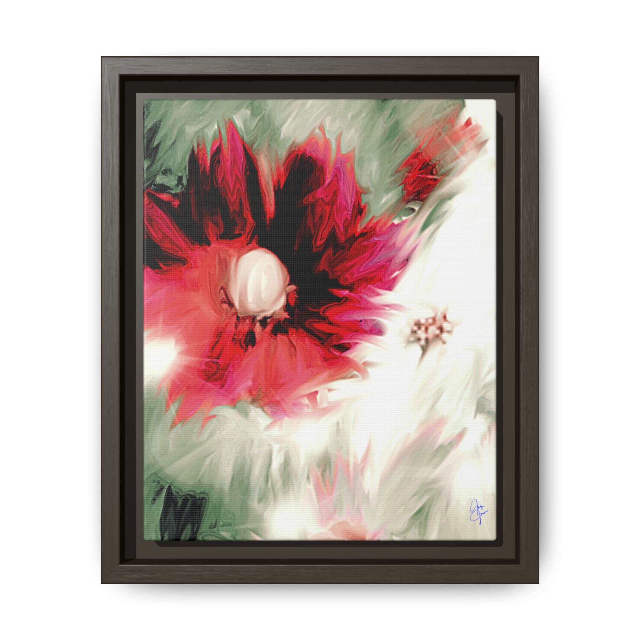 Framed Matte Canvas Print — Blurred Red & White Floral Art