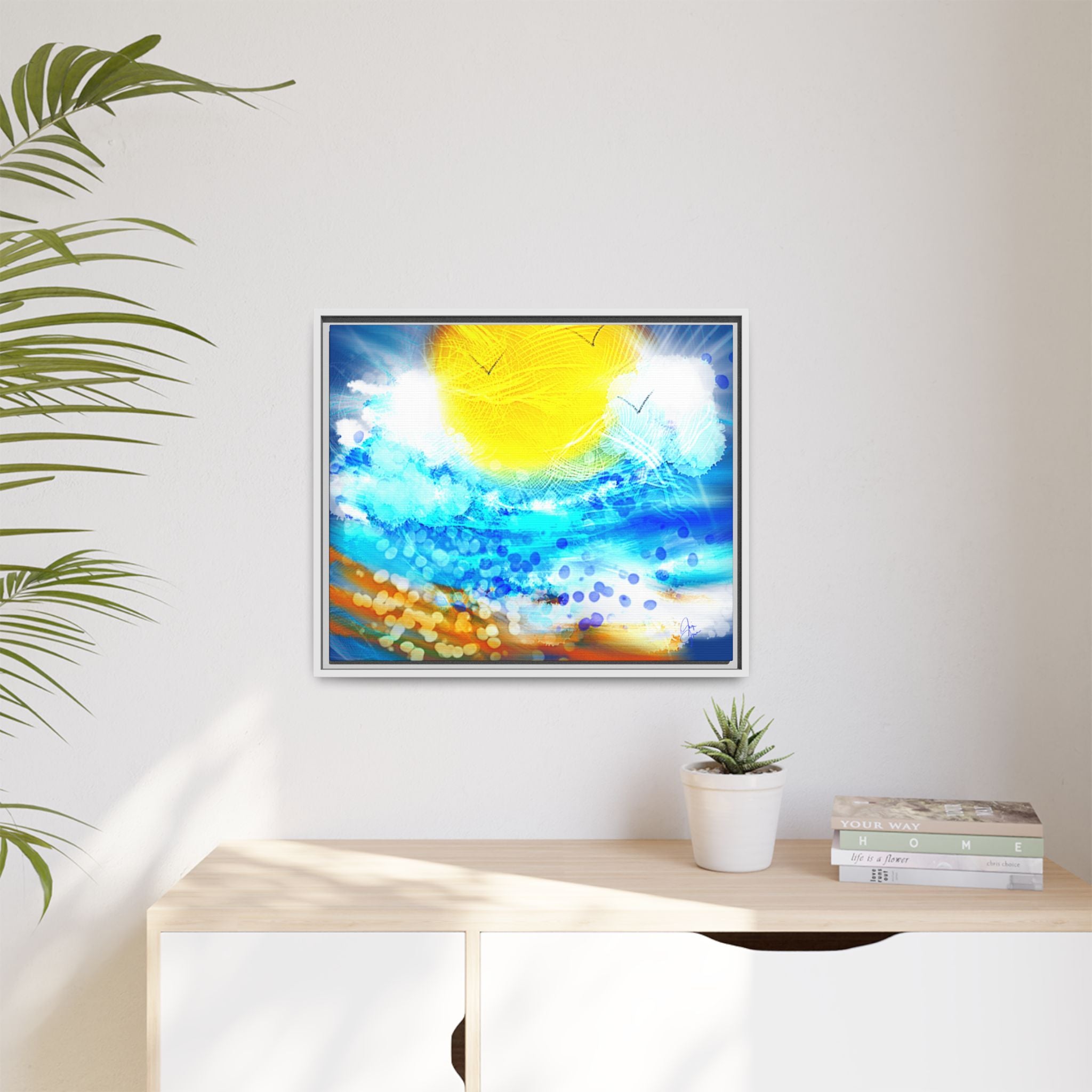 Sunshine Shore Matte Canvas Framed Wall Art — Bright Abstract Beach Print