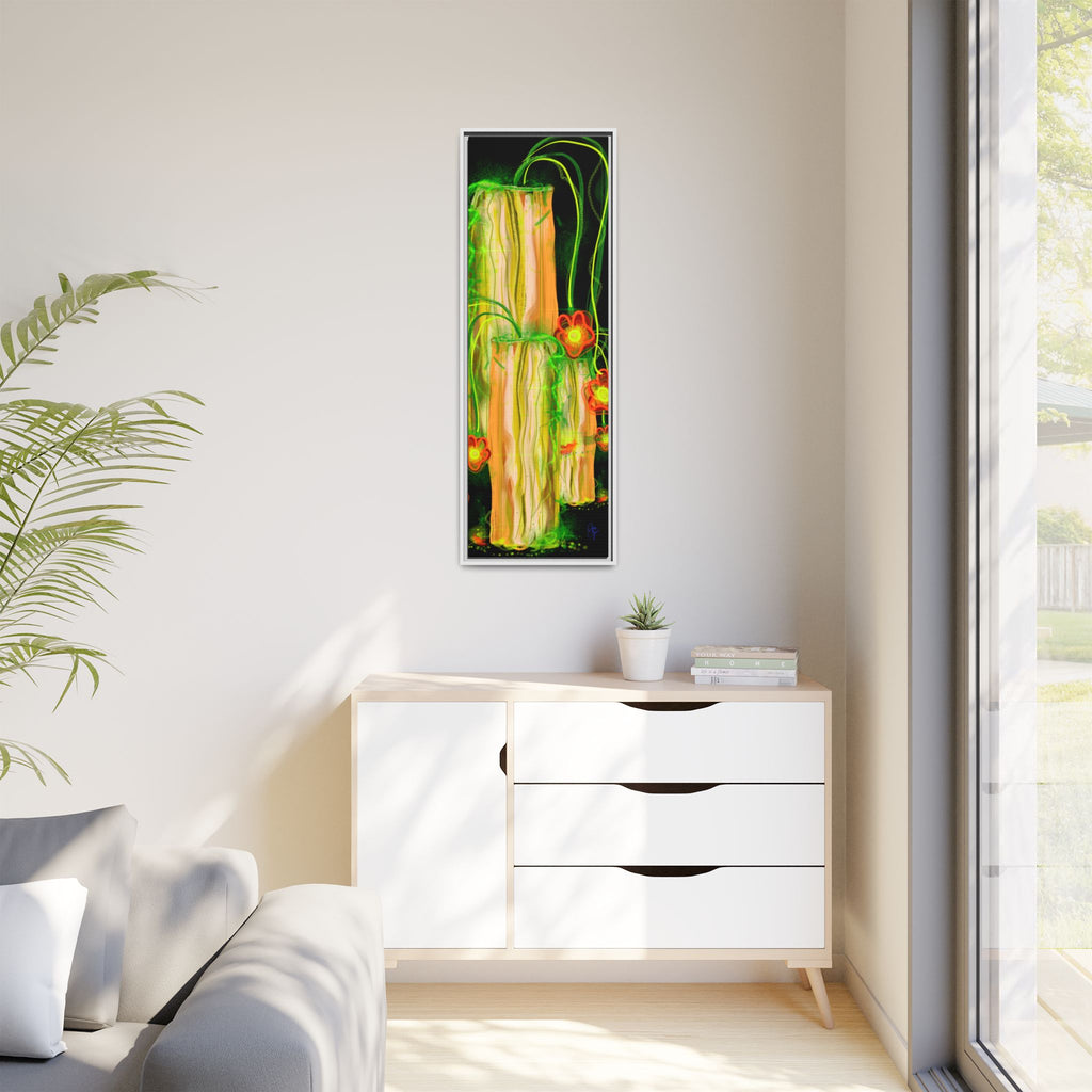 Framed Matte Canvas Print — Neon Floral Candlelight Art