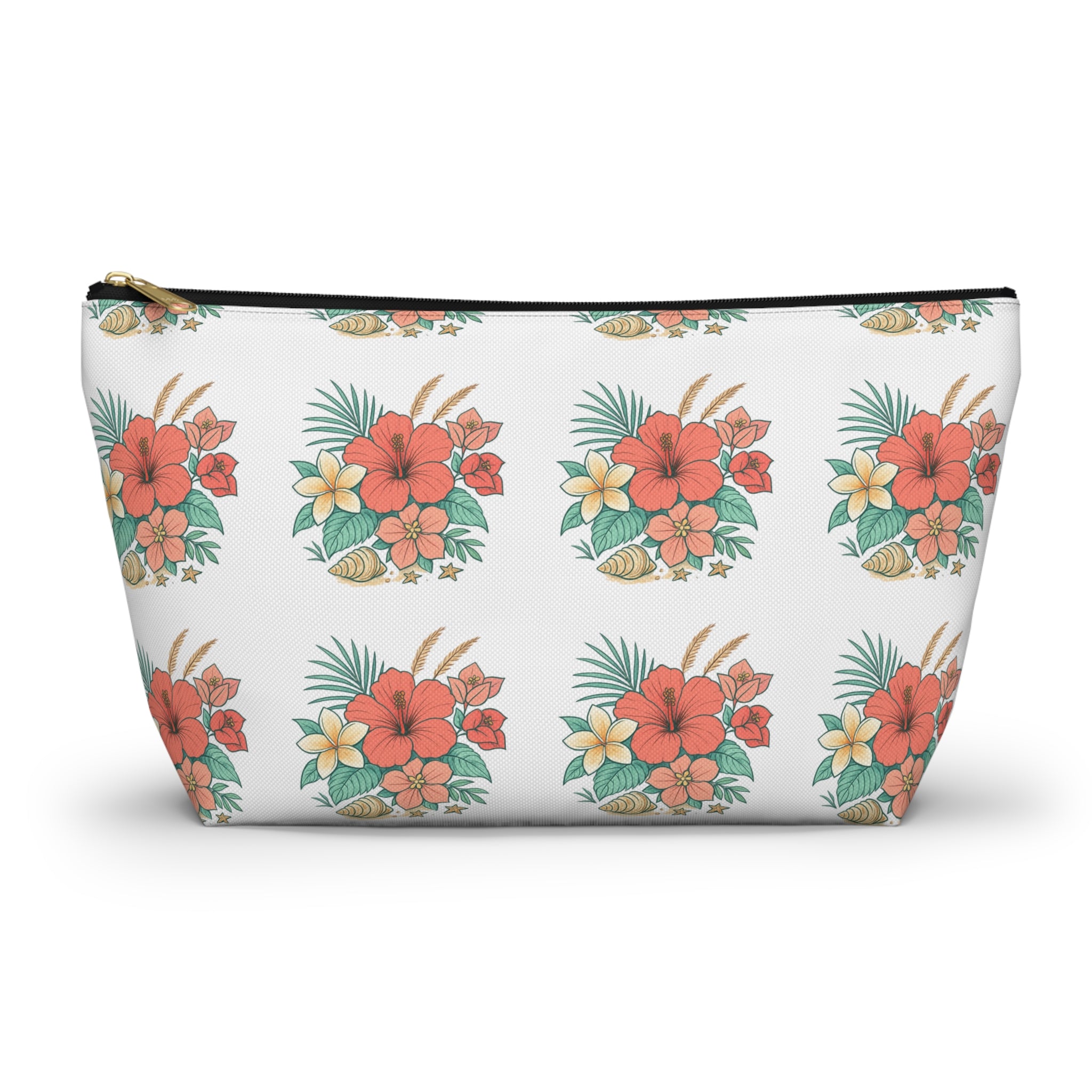 Tropical Floral Accessory Pouch — Hibiscus Cosmetic Bag with T-Bottom