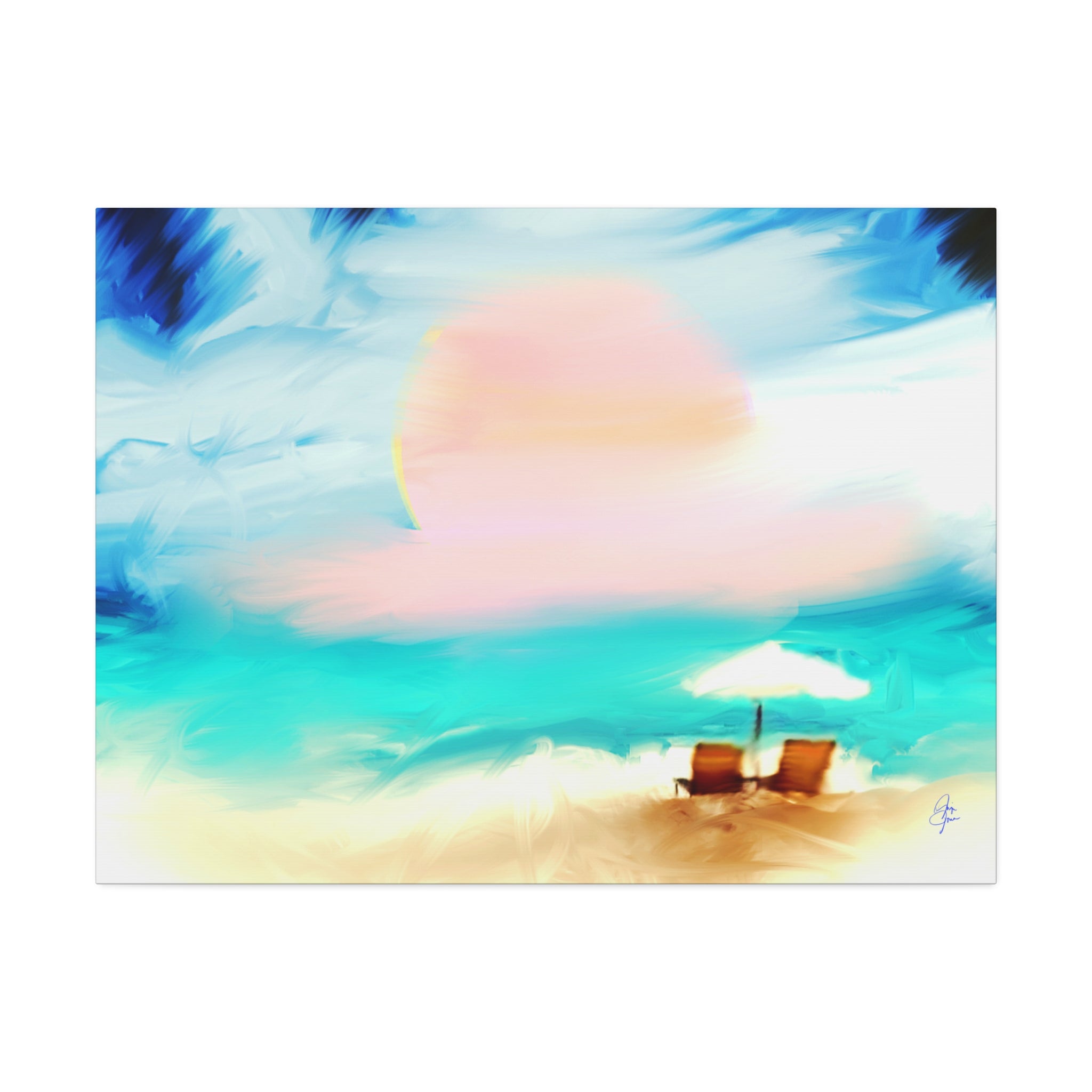 Beach Sunset Canvas Wall Art — Tropical Chairs & Umbrella Stretched Canvas