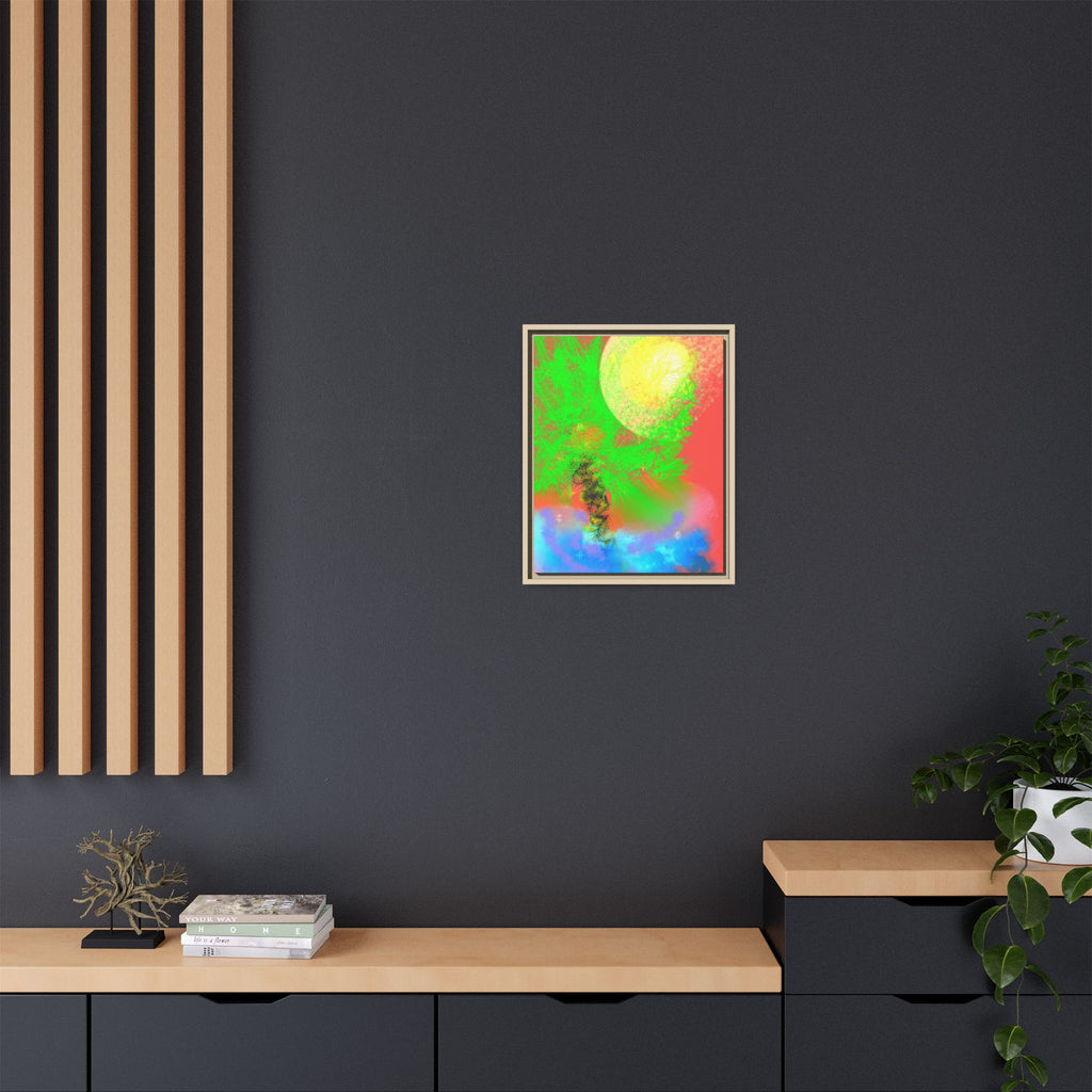 Abstract Neon Tree Matte Canvas Framed Art — Vibrant Green Moon Landscape