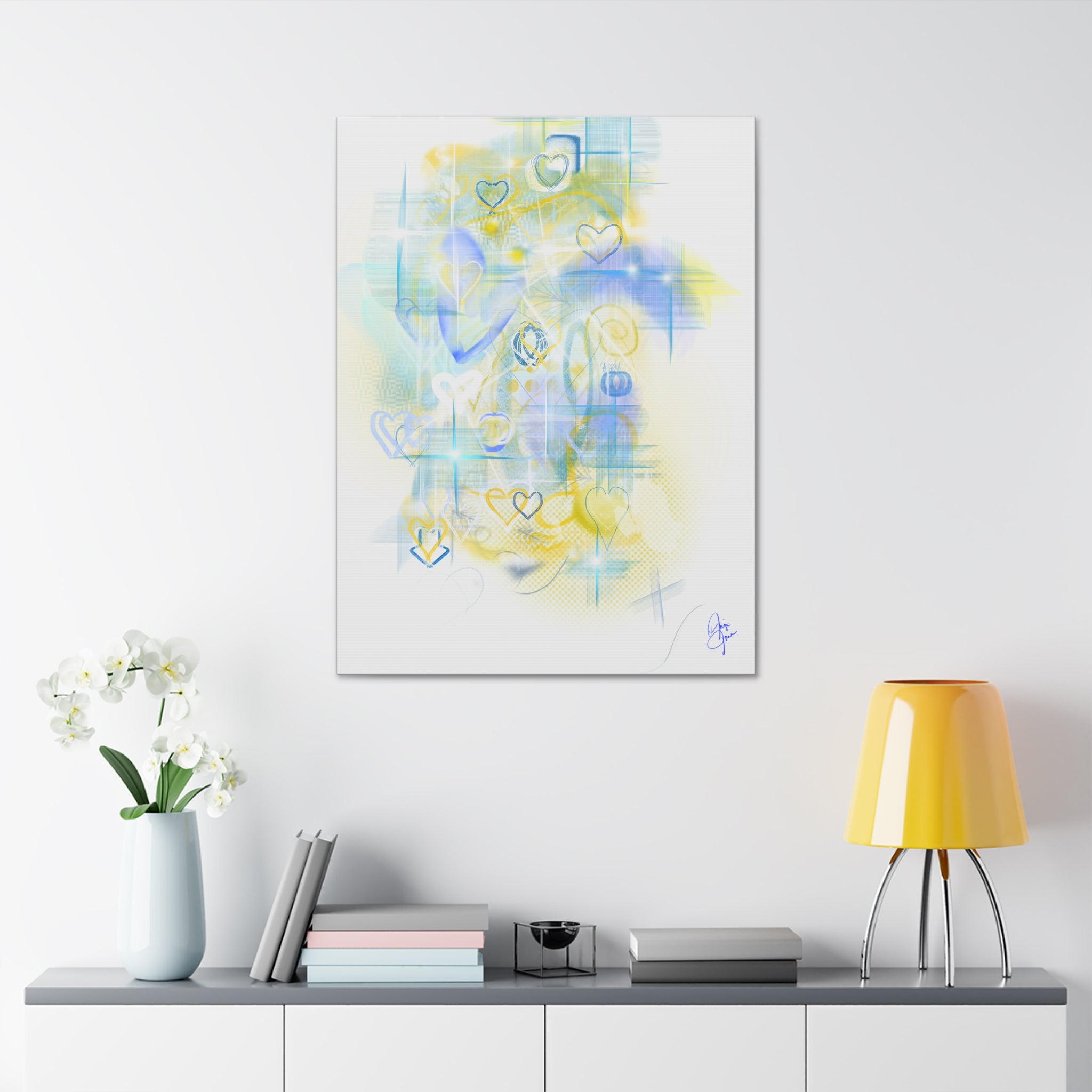 Pastel Heart Abstract Canvas Print — Blue & Yellow Stretched Wall Art (1.5")