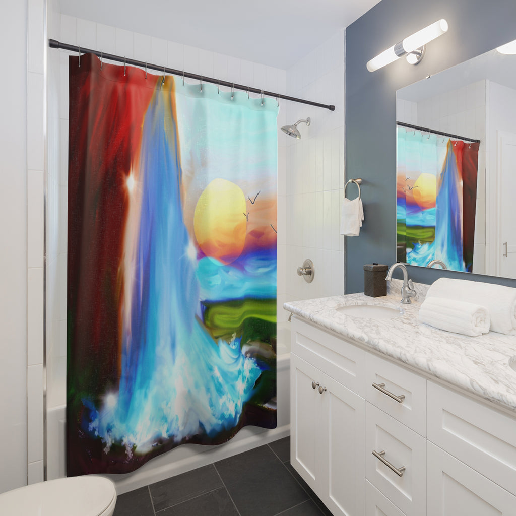 Sunset Waterfall Shower Curtain – Abstract Beachscape Bathroom Decor