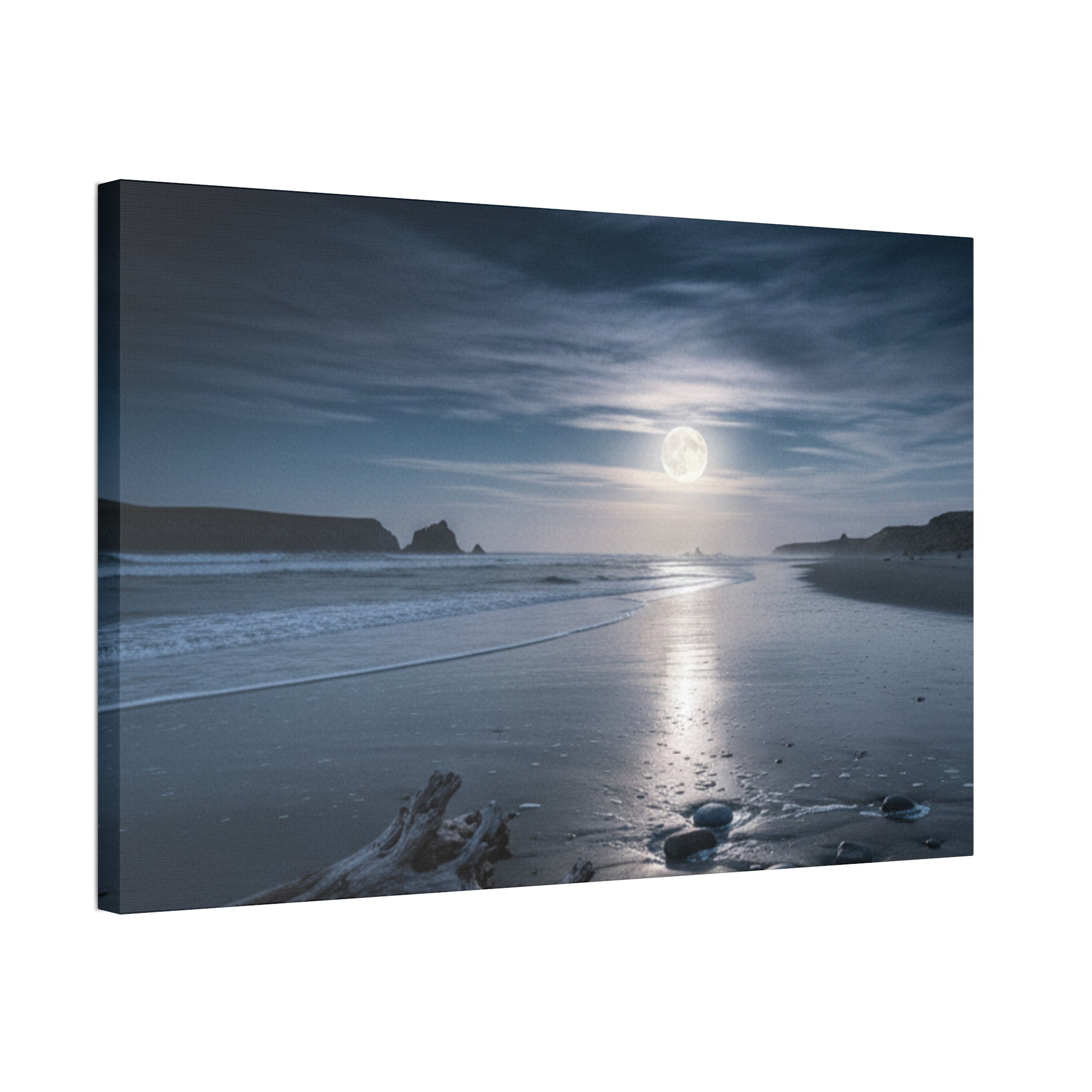 Moonlit Beach Canvas Wall Art — Tranquil Ocean Nightscape
