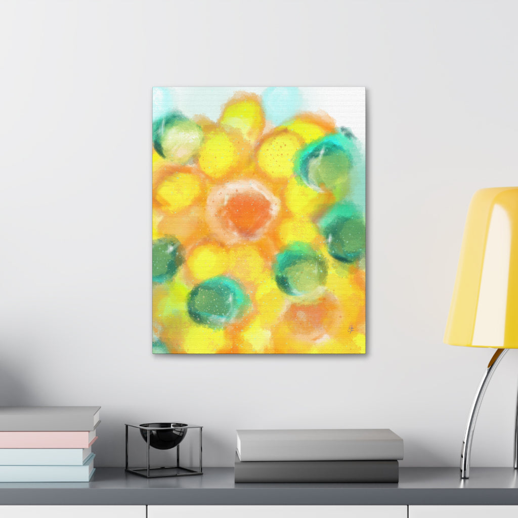 Abstract Sunshine Circles Canvas Art – Vibrant Yellow & Teal Stretched Wall Decor