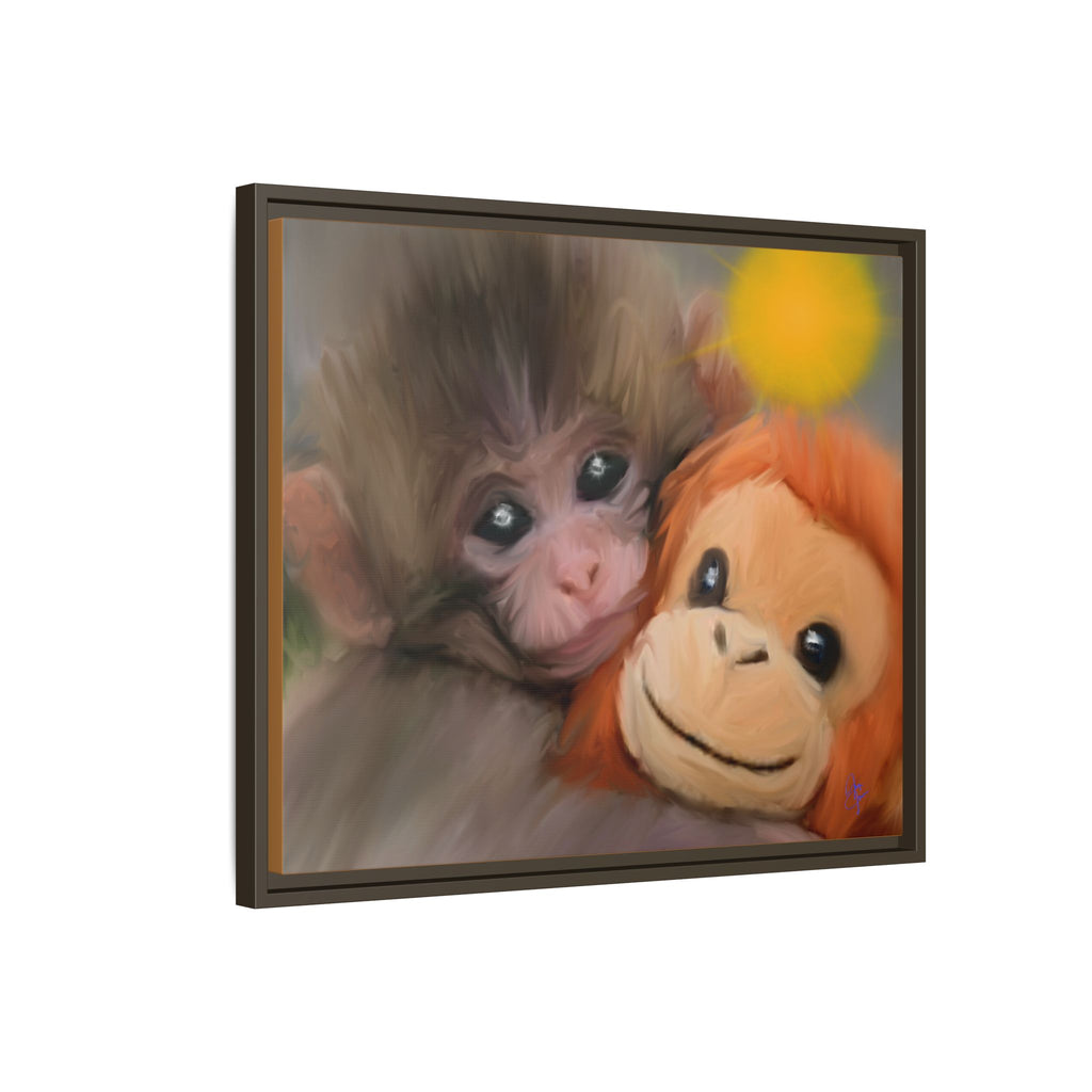Framed Matte Canvas Print — Baby Monkey & Plush Orangutan Wall Art